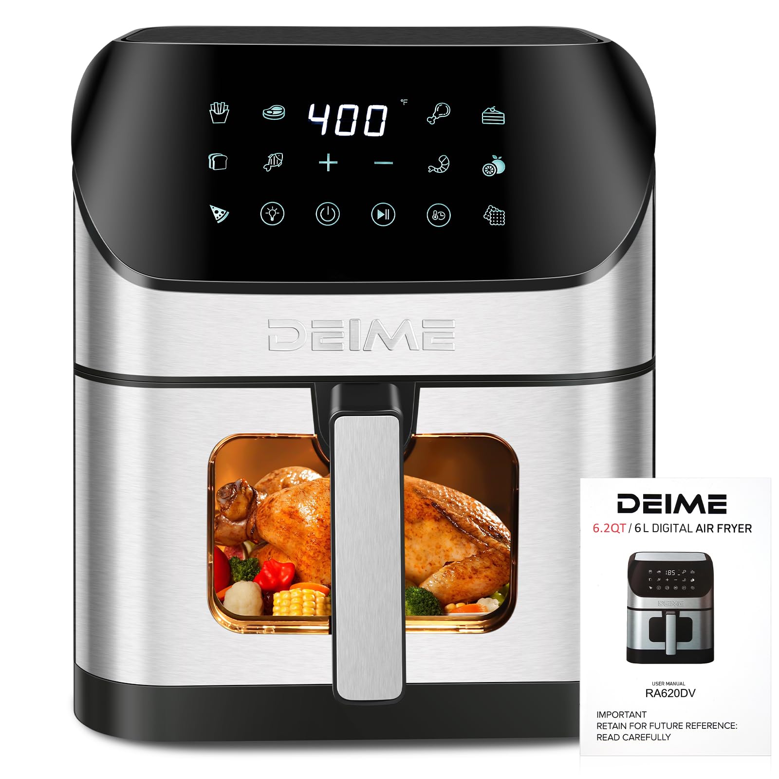 DEIME 6.2 QT 1500W Large Capacity Air Fryer Oven - Oil Free Healthy Cooker with 10 Presets, See-Through Window & Nonstick Basket (Includes Recipes) - Perfect for Crispy Fries, Chicken Wings & Family Meals