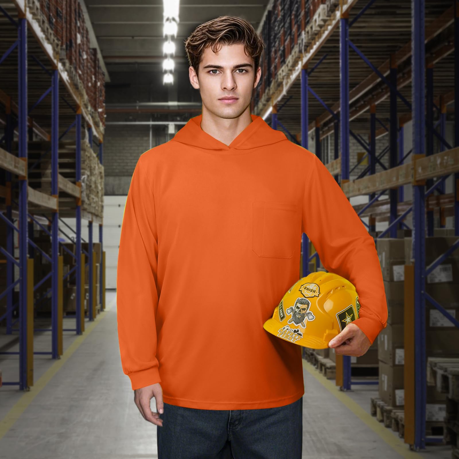 High Visibility Safety Shirts for Men & Women - 3 Pack Breathable Hi-Vis Hooded Shirts with Long Sleeves, UCH-Orange L | Construction Work, Roadside Safety, Nighttime Outdoor Activities