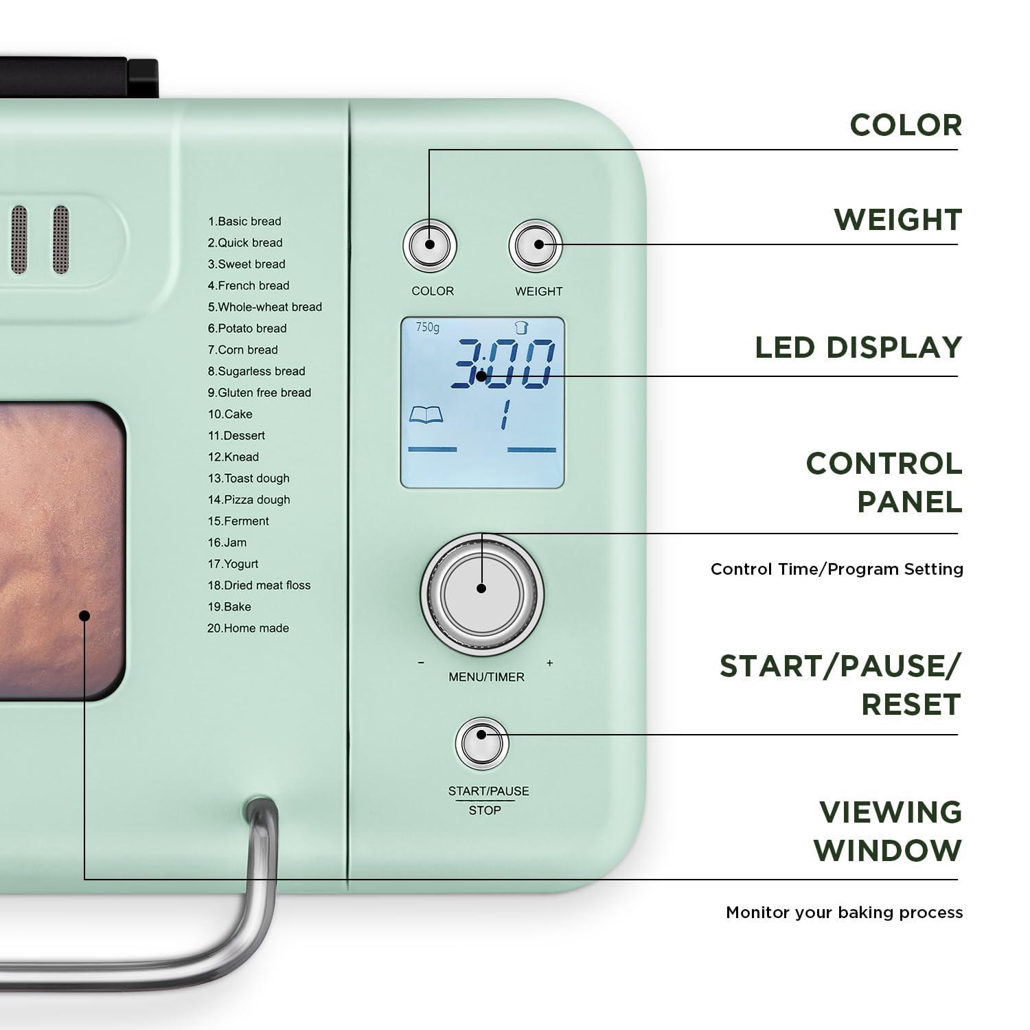 20-in-1 Multi-Function Bread Maker Machine with Dual Heater | 2LB Capacity All-Metal & Nonstick Ceramic Pan | Perfect for Gluten-Free Bread, Dough, Yogurt, Jam & Meat Floss | Compact Home Bakery Appliance for Small Kitchens (Light Green) | Ideal for Family Breakfast, Baking Enthusiasts & Healthy Eating