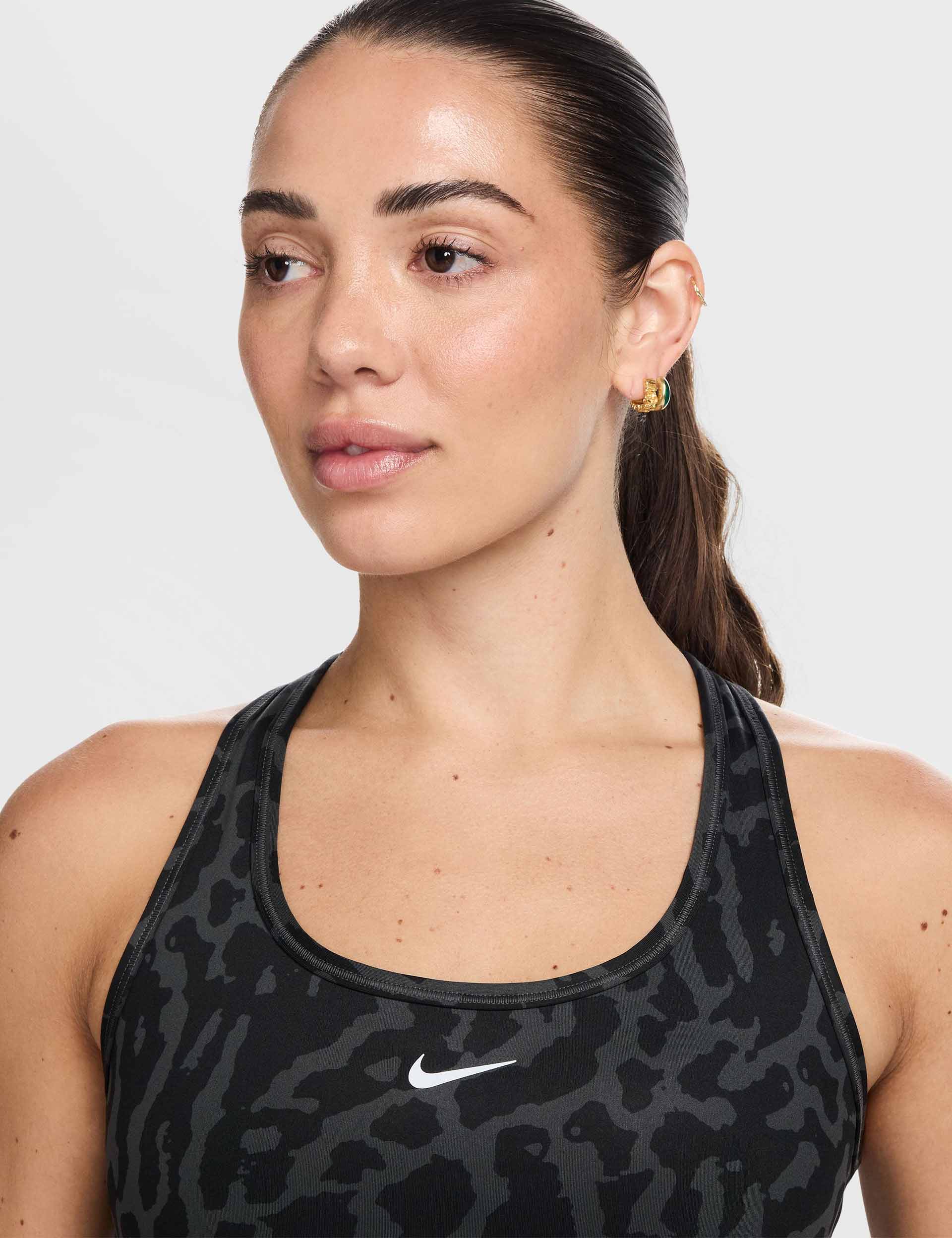 High Support Printed Sports Bra for Women - Medium Impact Workout, Running, Yoga - Black/Reflective Silver | Moisture-Wicking & Breathable Activewear