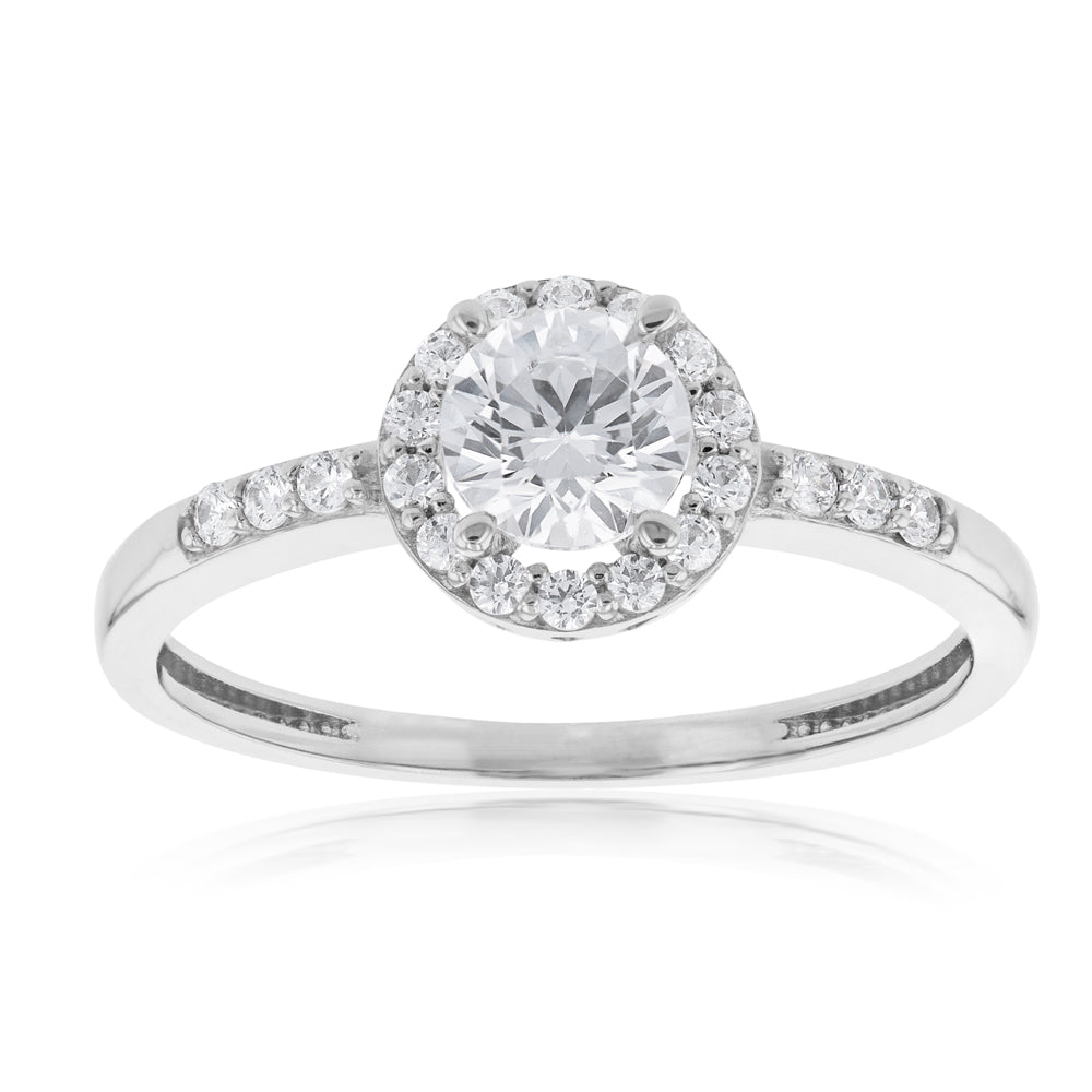 9ct White Gold Zirconia Halo Ring for Women - Elegant Cubic Zirconia Engagement & Wedding Ring - Perfect for Proposals, Anniversaries, and Special Occasions
