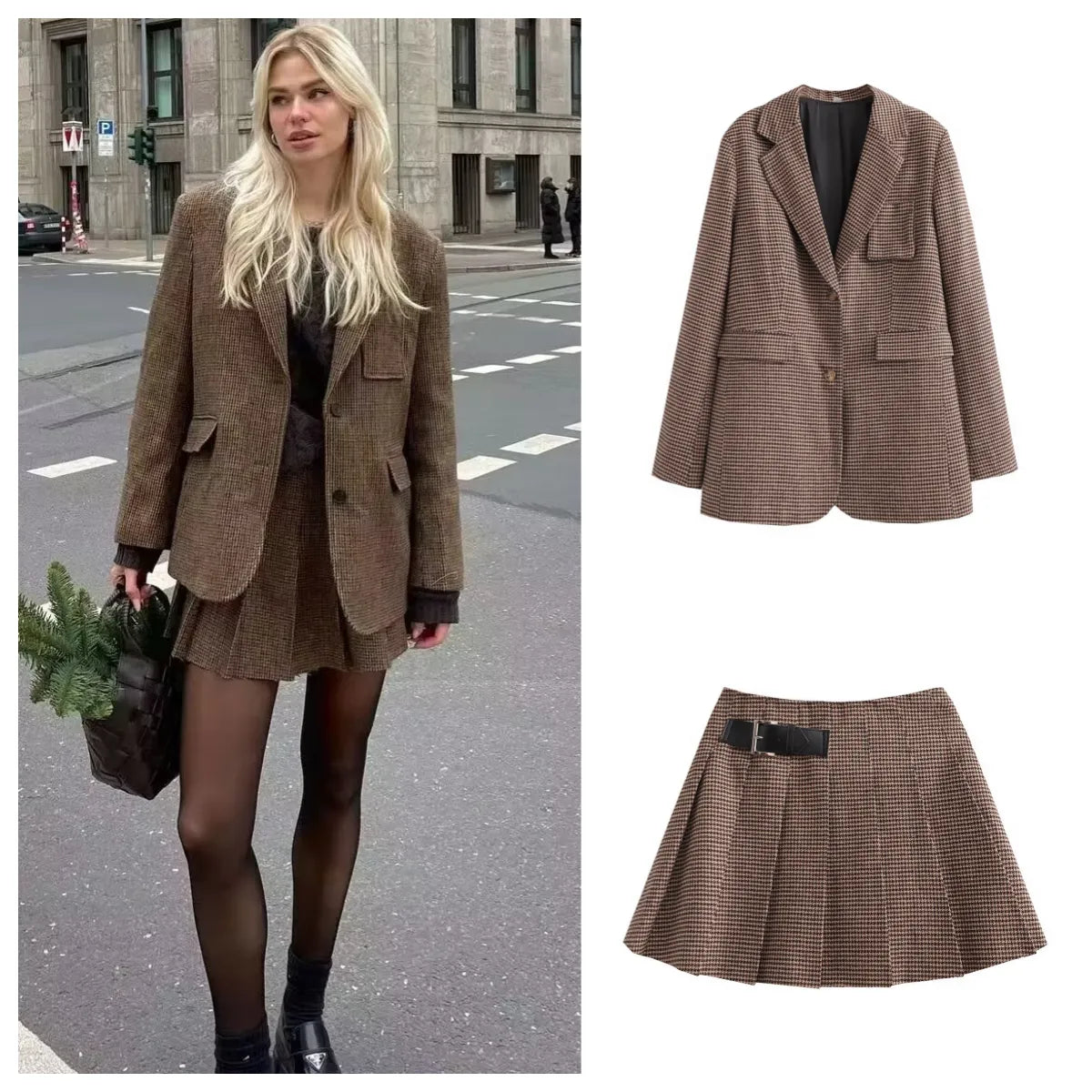 Stylish Autumn Loose Slim Suit Coat with Leather Buckle & Wide Pleated Skirt Pants Set - Women's Fashion Two-Piece Outfit for Work, Dating, and Fall Parties