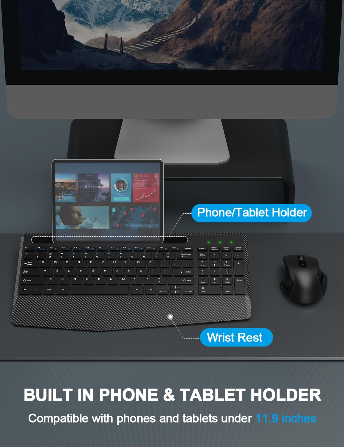 Ergonomic Wireless Keyboard and Mouse Combo with Wrist Rest - 2.4G Rechargeable Silent Cordless Set for Windows Mac PC Laptop - Includes Phone Holder & Sleep Mode (Black) | Perfect for Home Office, Gaming, and Remote Work