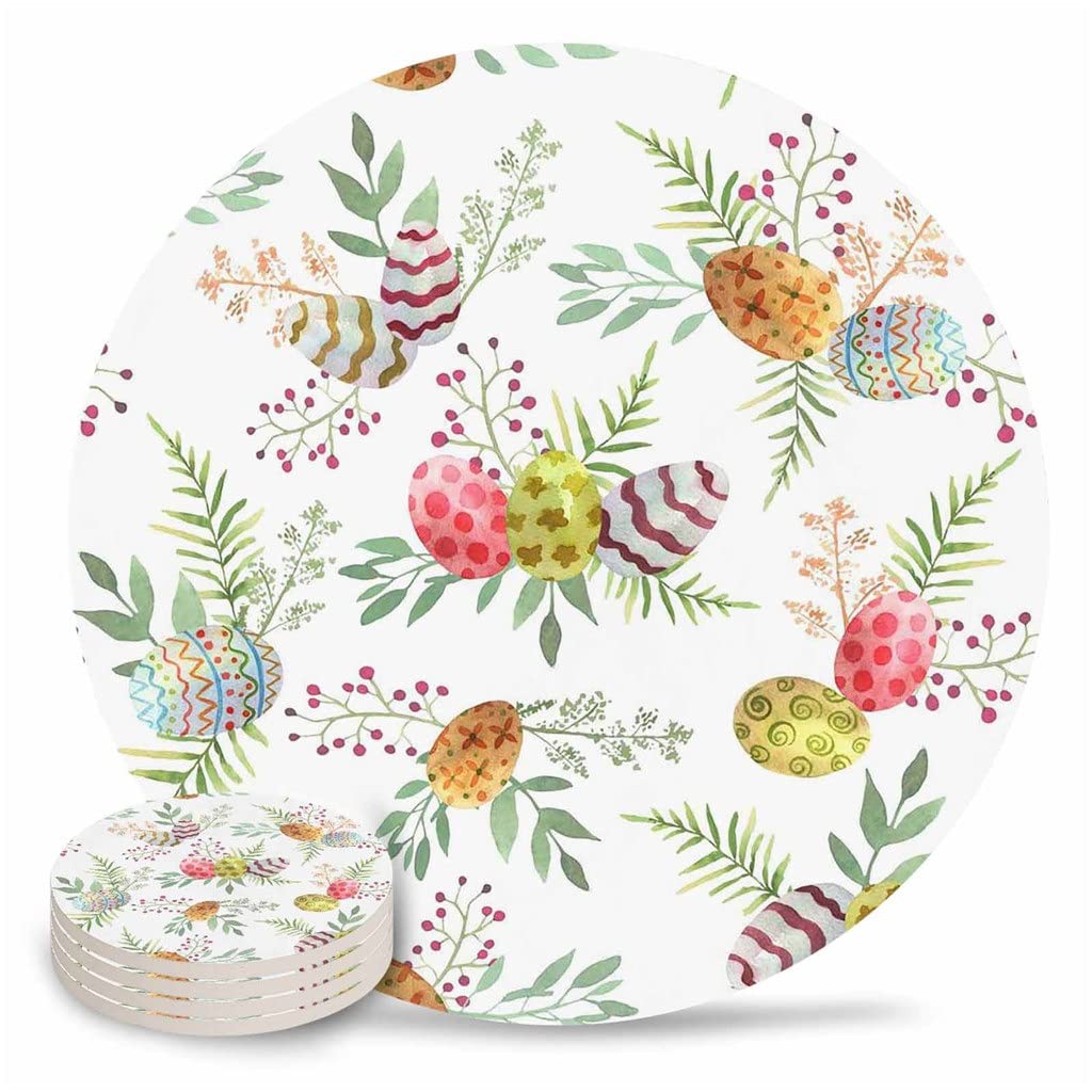 Easter Egg Ceramic Coaster Set - 4pcs Watercolor Design Round Coasters for Coffee, Tea, and Drinks - Durable Kitchen & Dining Table Accessories - Perfect for Easter Decor, Home Parties, and Gift Giving (Color: A)