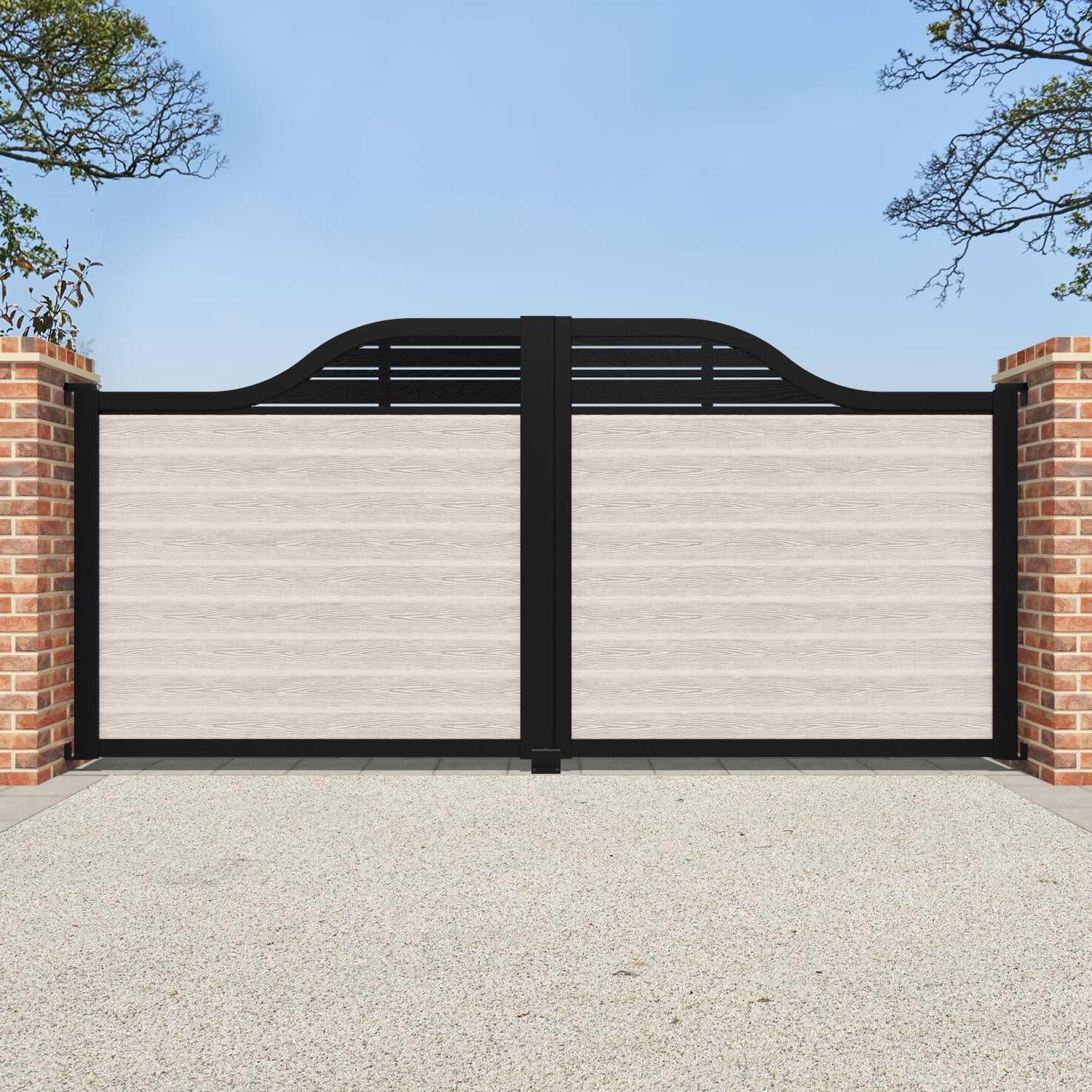 Classic Linea Curved Top Driveway Gate - Mid Stone Design with Decorative Top Screen | Elegant Entryway Solution for Homes & Estates