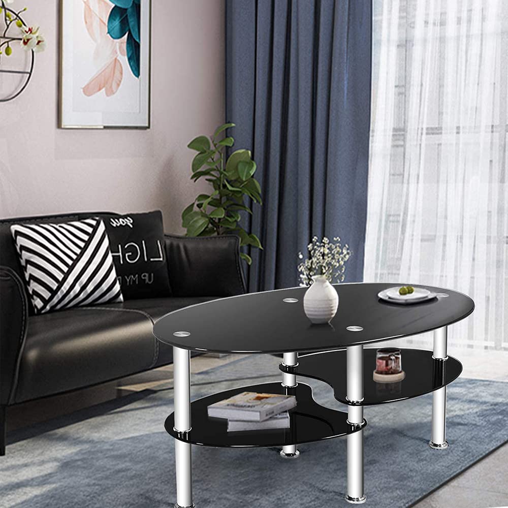 Modern Oval Glass Coffee Table - 2 Tier Black End Table with Tempered Glass & Chrome Stainless Steel Legs for Living Room, Office, Lounge | Durable & Stylish Home Decor Furniture