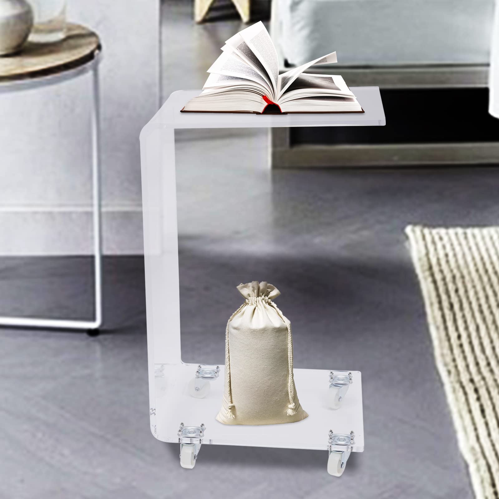 Acrylic C-Shaped Rolling Bedside Table - Transparent Removable End Table with Wheels for Home, Office & Living Room - Perfect for Magazines, Books & Water Cups (33×38×58cm) - Ideal Nightstand & Snack Table for Small Spaces