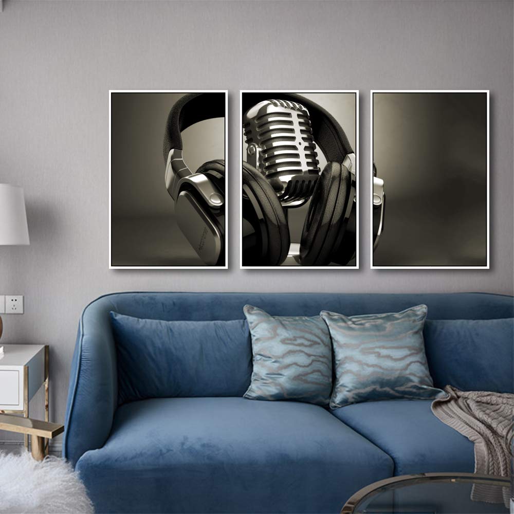 IDEA4WALL Framed Canvas Wall Art - 16x24 Inch 3-Panel Microphone Print for Modern Home Decor | Ready to Hang Living Room & Bedroom Wall Decor | Perfect for Music Lovers & Studio Style Interior Design