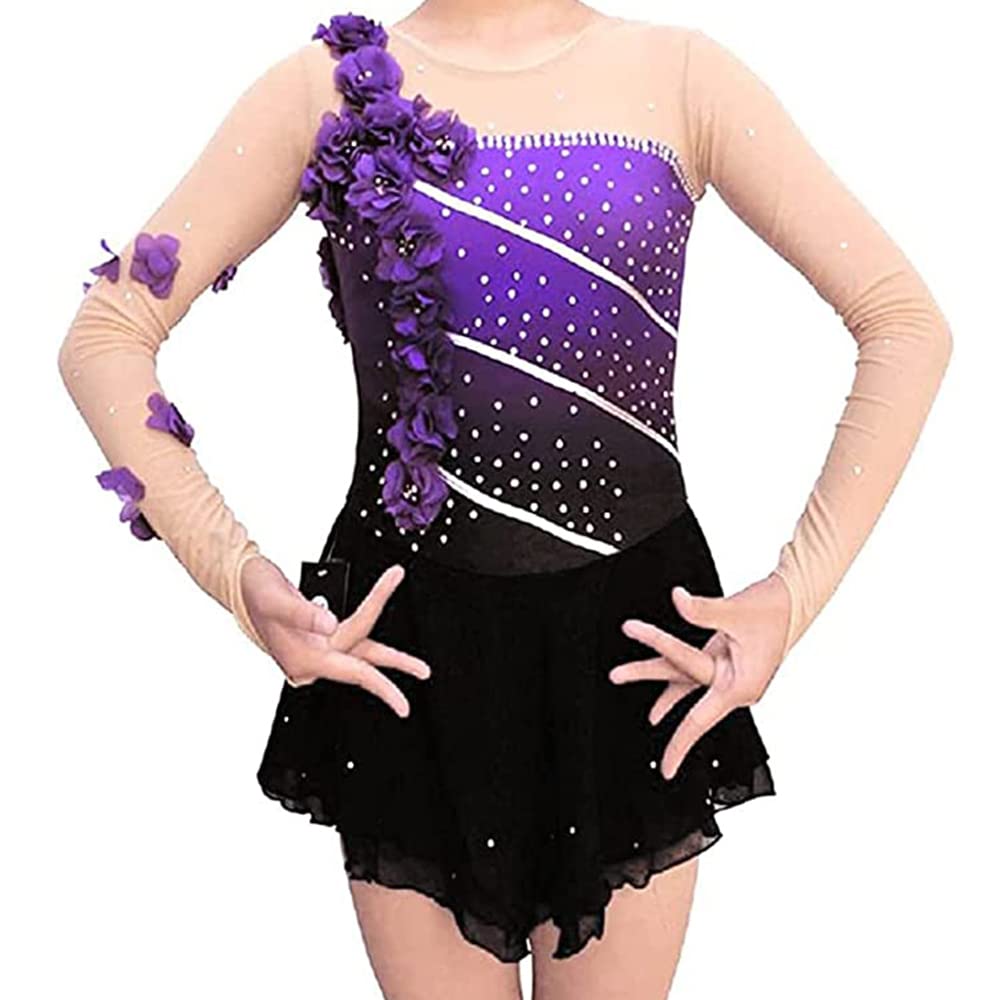 LIUHUO Purple Gradient Ice Skating Dress for Girls & Women - Long Sleeve Beaded Figure Skating Costume with Floral Design | Perfect for Competitions, Performances, and Ice Shows