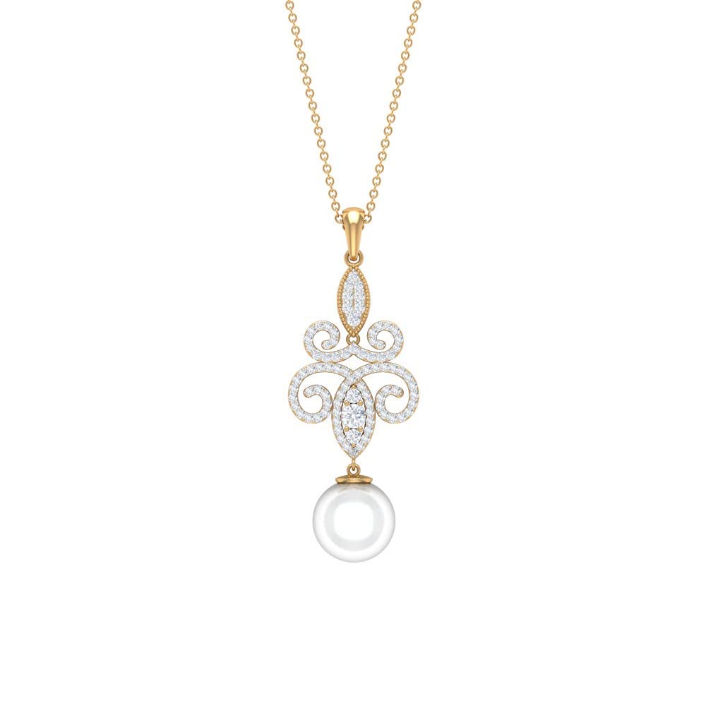 7 CT Freshwater Pearl Pendant Necklace with Moissanite - 9mm Dangle Pearl Jewelry in 14K Solid Gold - Elegant Vintage Gift for Women, Bridal Party & Special Occasions