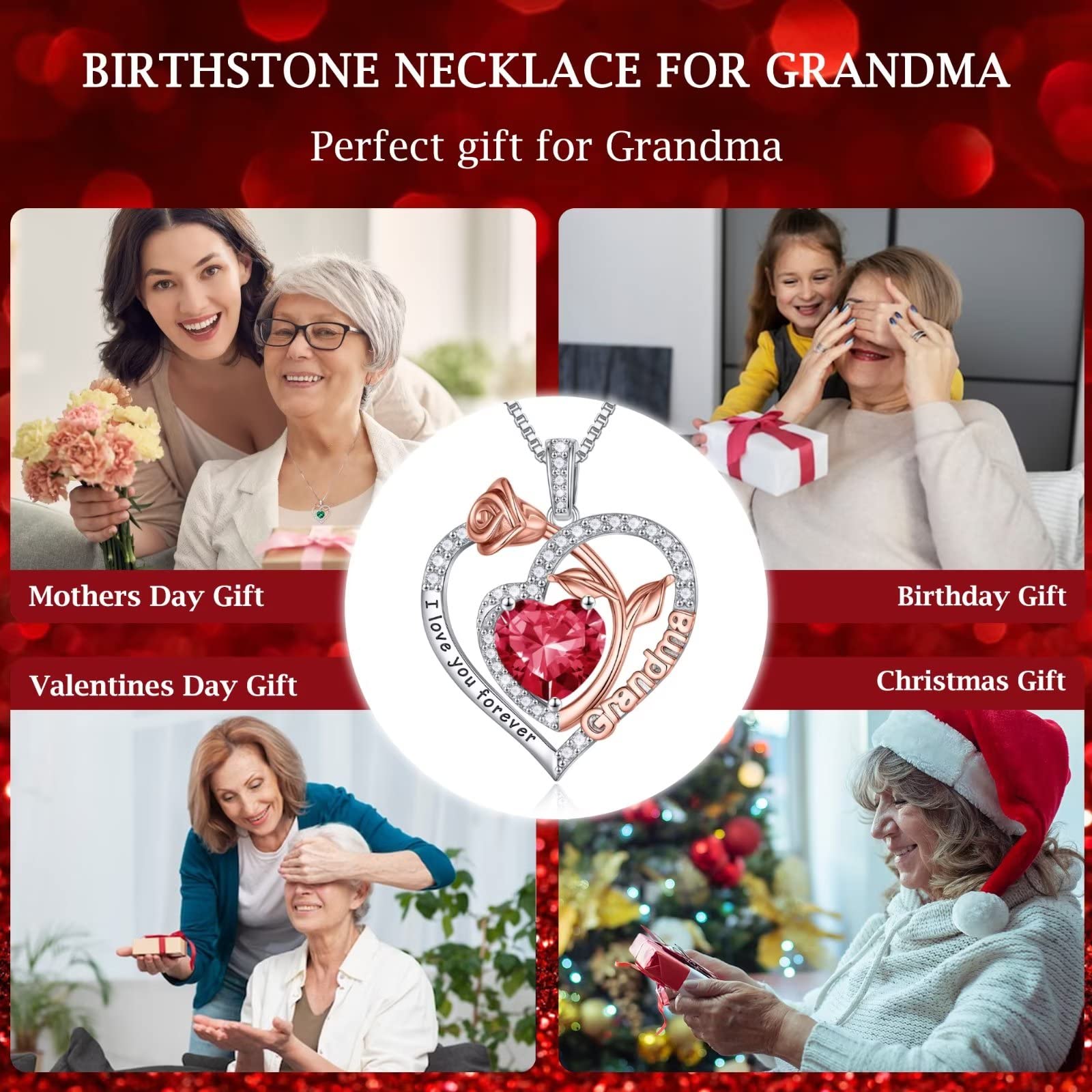 Birthstone Necklace for Grandma - 925 Sterling Silver Rose Heart Pendant, Personalized Gift for Mother's Day, Birthday, Christmas | Perfect for Nana, Mom, Grandma Jewelry & Special Occasions