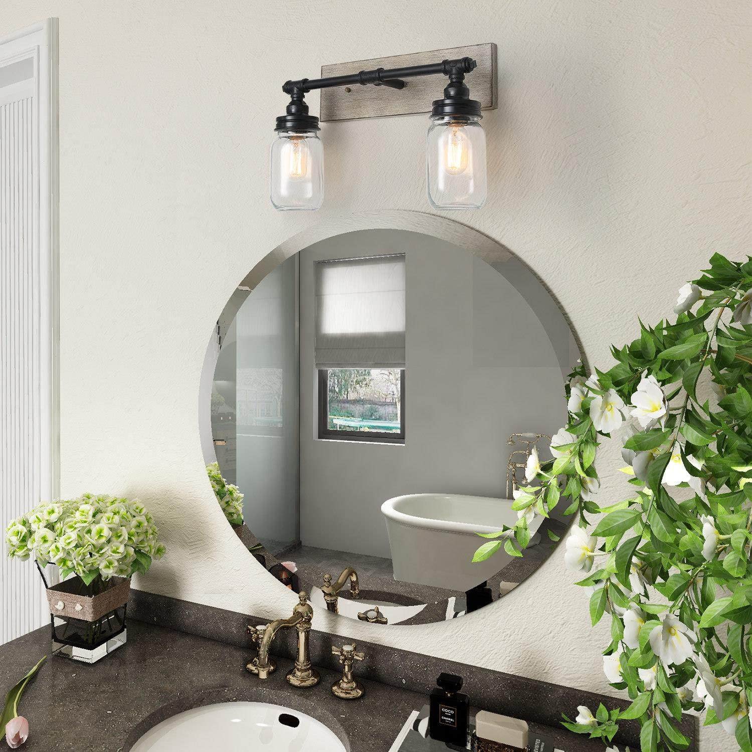 LALUZ Farmhouse Vanity Light Fixture with Mason Jar Shades - 2 Light Faux Wood Bathroom Sconce, Black Finish - Perfect for Rustic Bathroom, Bedroom, or Entryway Lighting