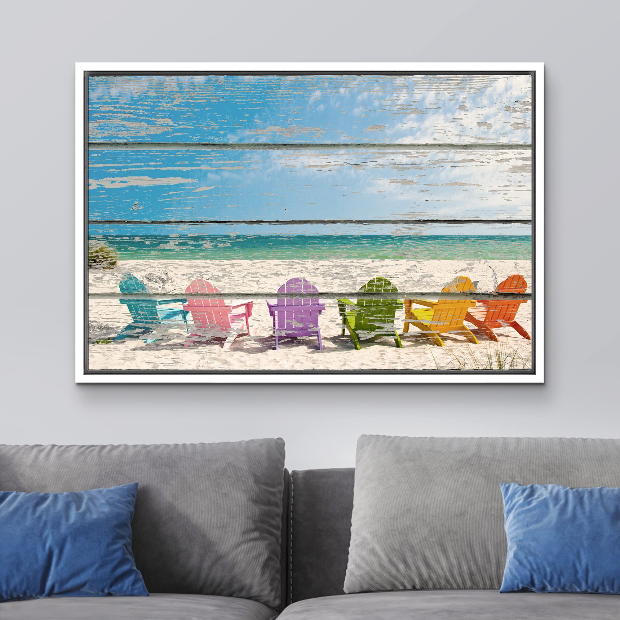 Wall26 Framed Canvas Print - Rainbow Beach Chairs Ocean Scenery Wall Art for Living Room, Bedroom, Office Decor | 24x36 Inch Coastal Photography | Nautical Wood Panel Artwork | Perfect for Beach House, Vacation Rental & Coastal Themed Spaces