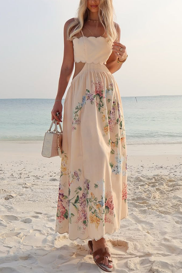 Floral Print Lace-Up Midi Dress with Petal Trim - Perfect for Beach Vacations, Summer Parties & Boho Chic Outfits