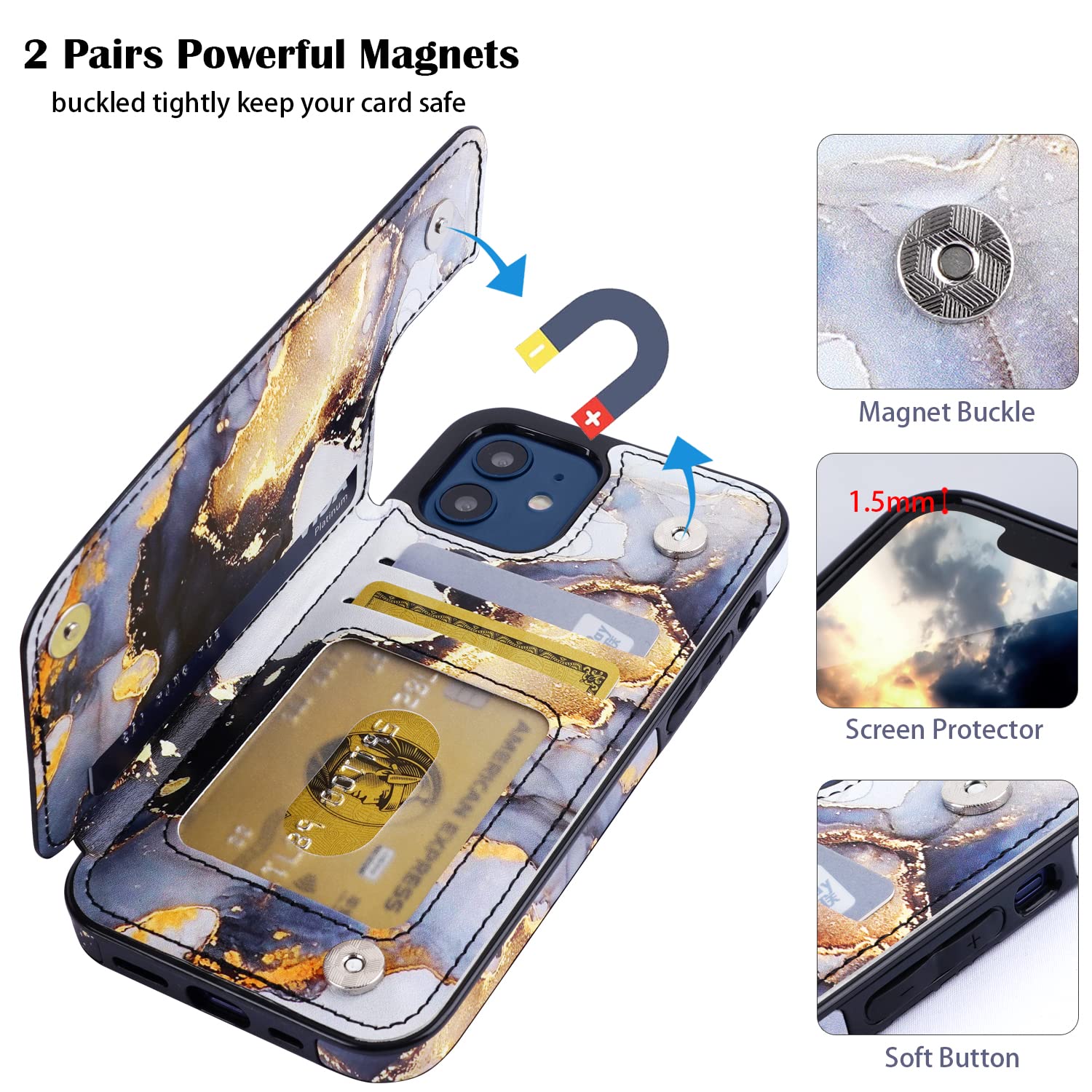 Premium PU Leather iPhone 12 Wallet Case with Card Holder - Luxury Flip Folio Shockproof Cover for iPhone 12/12 Pro - Black Marble Design - Perfect for Business, Travel & Everyday Protection