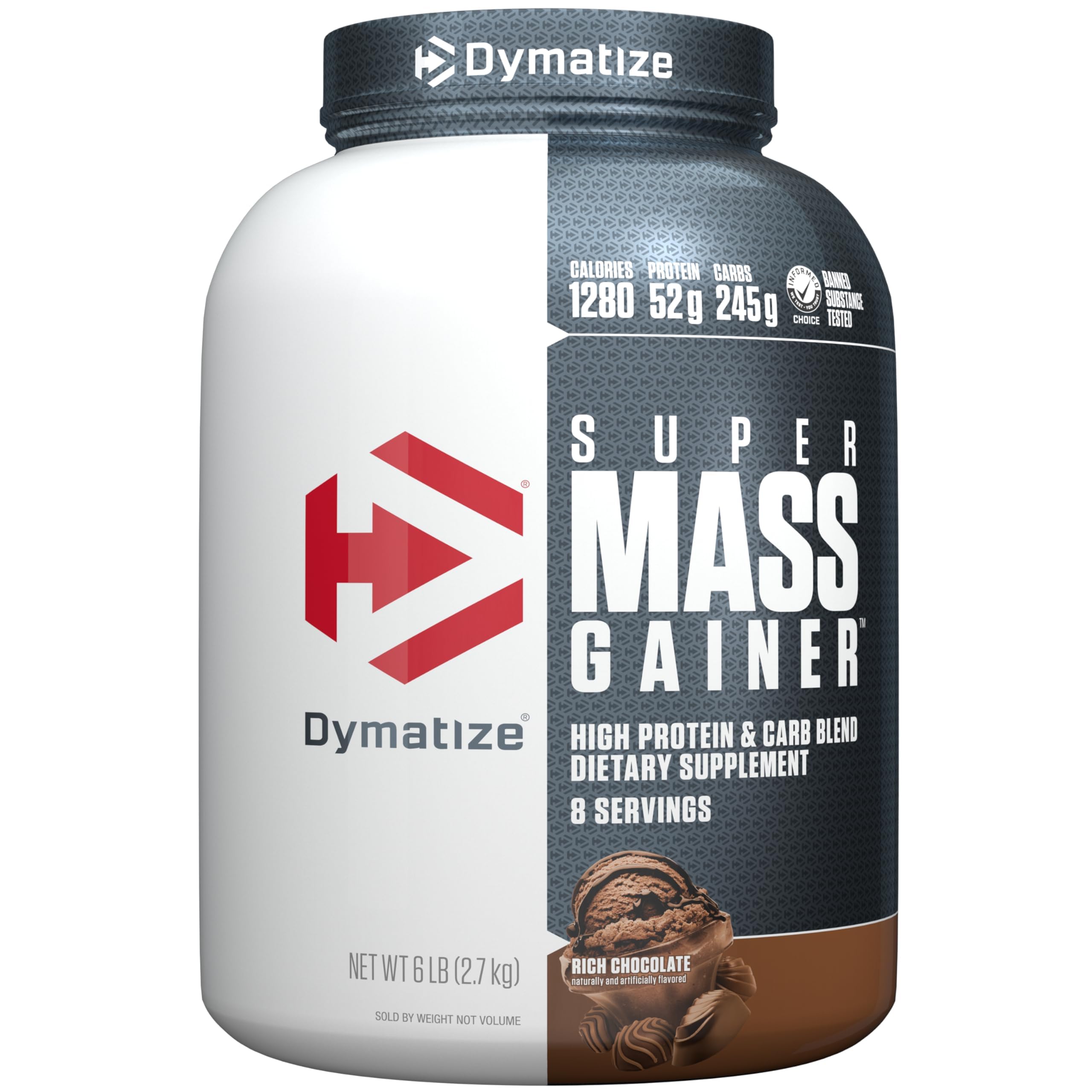 Dymatize Super Mass Gainer Protein Powder - Rich Chocolate Flavor | 52g Protein, 1280 Calories, 10.7g BCAAs | Whey Protein Isolate & Casein Blend | 8 Servings | Perfect for Muscle Building, Weight Gain & Post-Workout Recovery