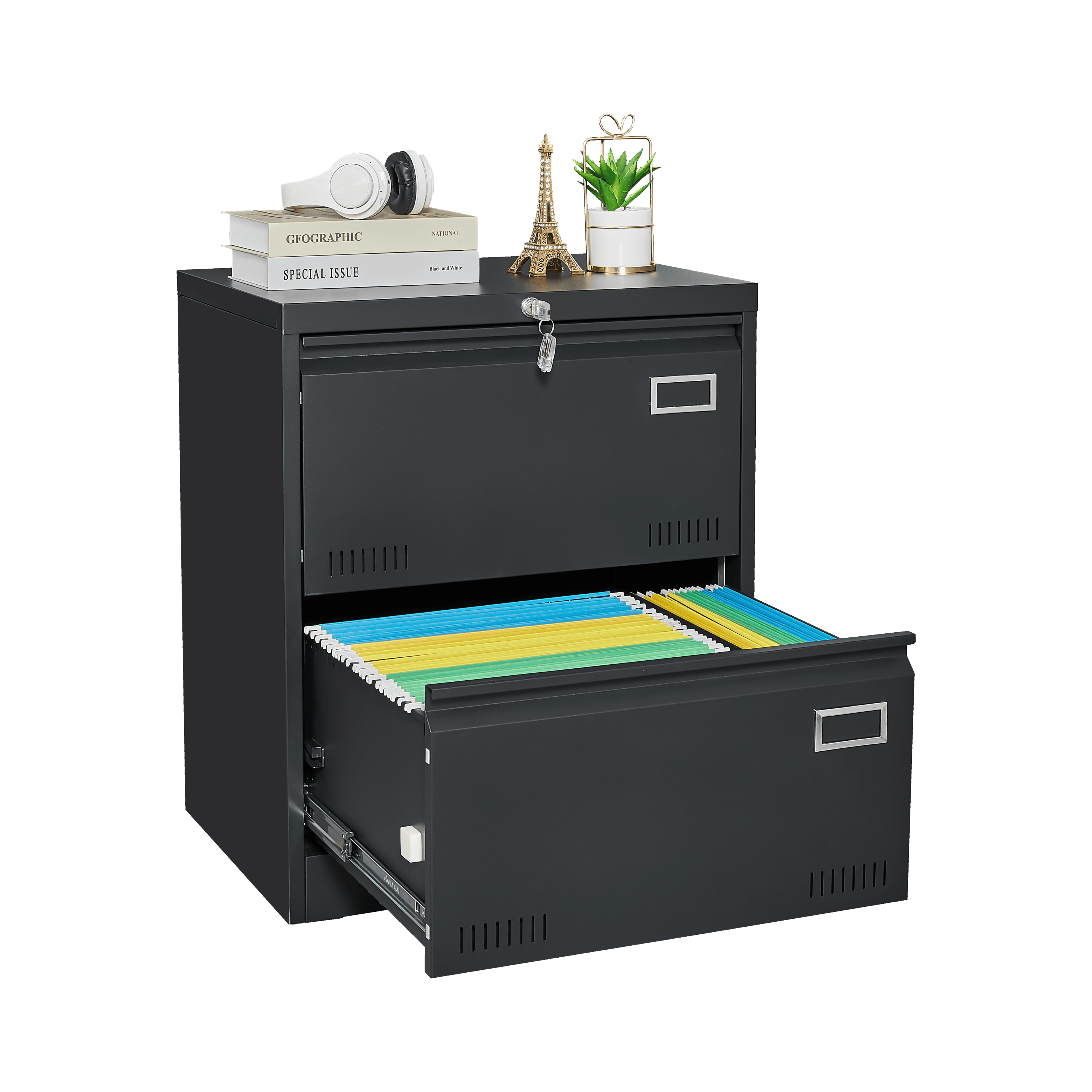 2-Drawer Black Metal Lateral File Cabinet with Lock - Office Vertical Storage for Home, Legal, Letter & A4 Documents - Secure Locking File Cabinet for Office, Study or Workspace (Assembly Required)