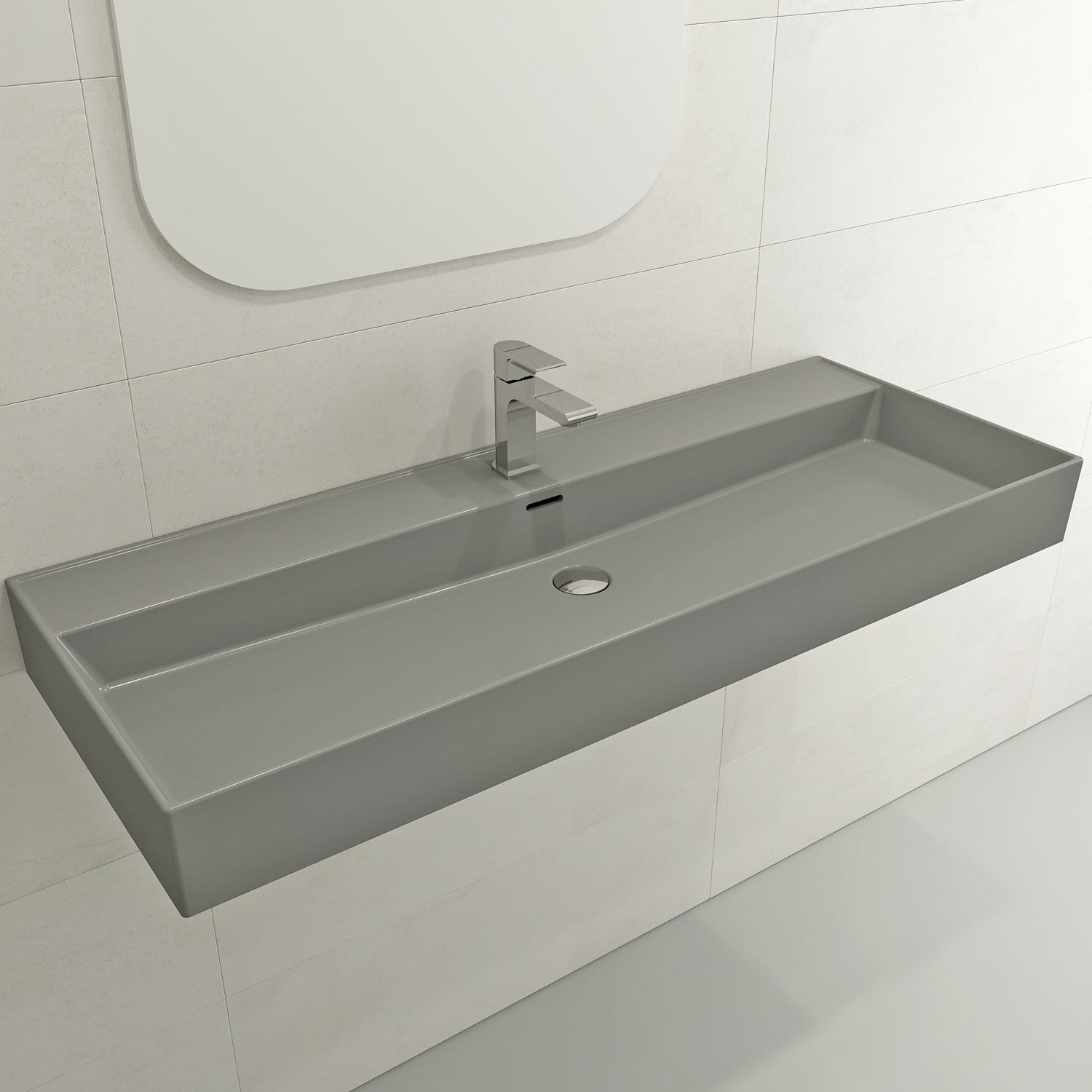 BOCCHI MILANO 47.75 Inch Wall Mounted Ceramic Fireclay Bathroom Sink with Overflow - Single Hole Faucet - Perfect for Small Bathrooms, Powder Rooms & Modern Home Decor