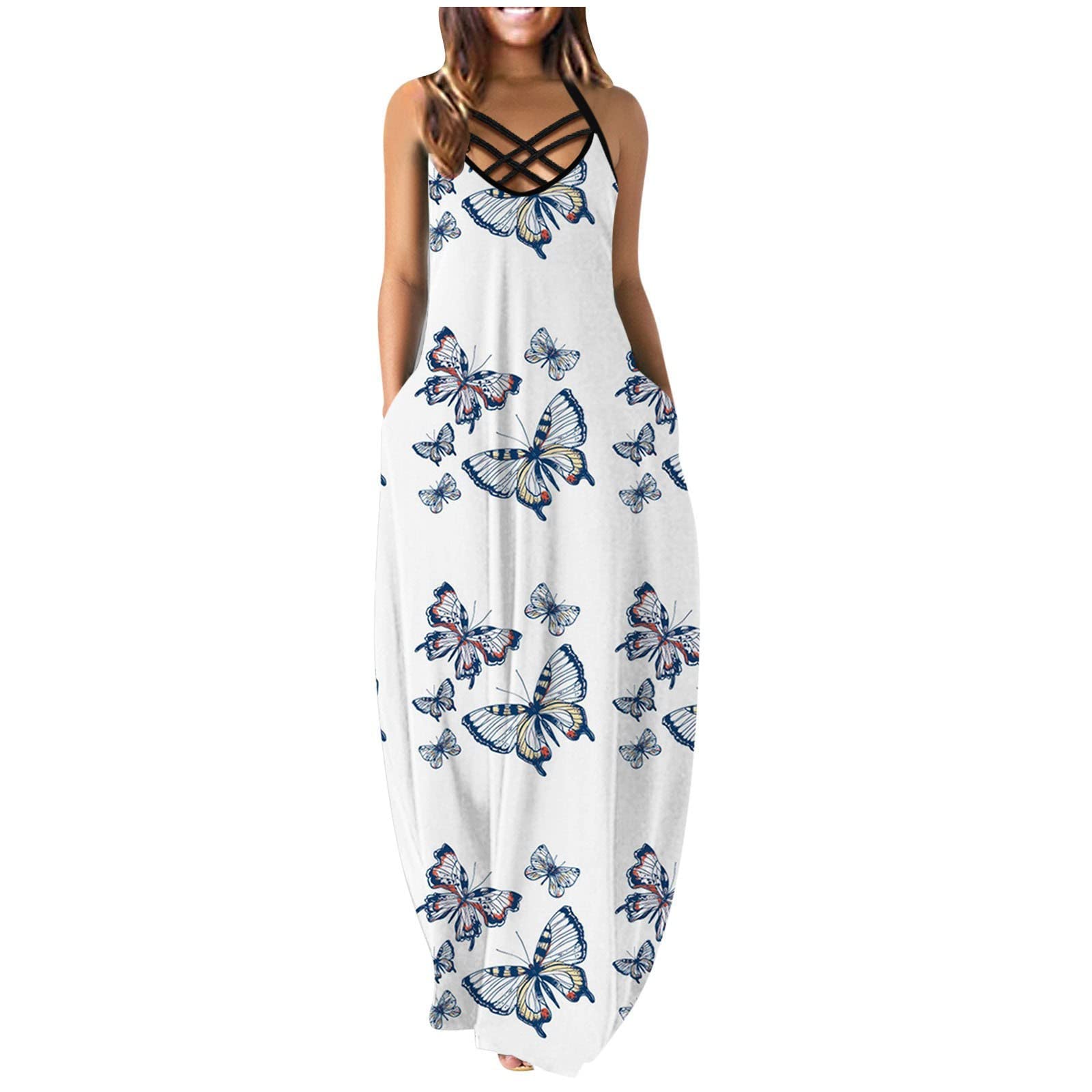 Boho Sleeveless Spaghetti Strap Maxi Sun Dress for Women - Gradient Print Loose Long Summer Beach Dress with Pockets | Perfect for Vacations, Pool Parties & Casual Outings