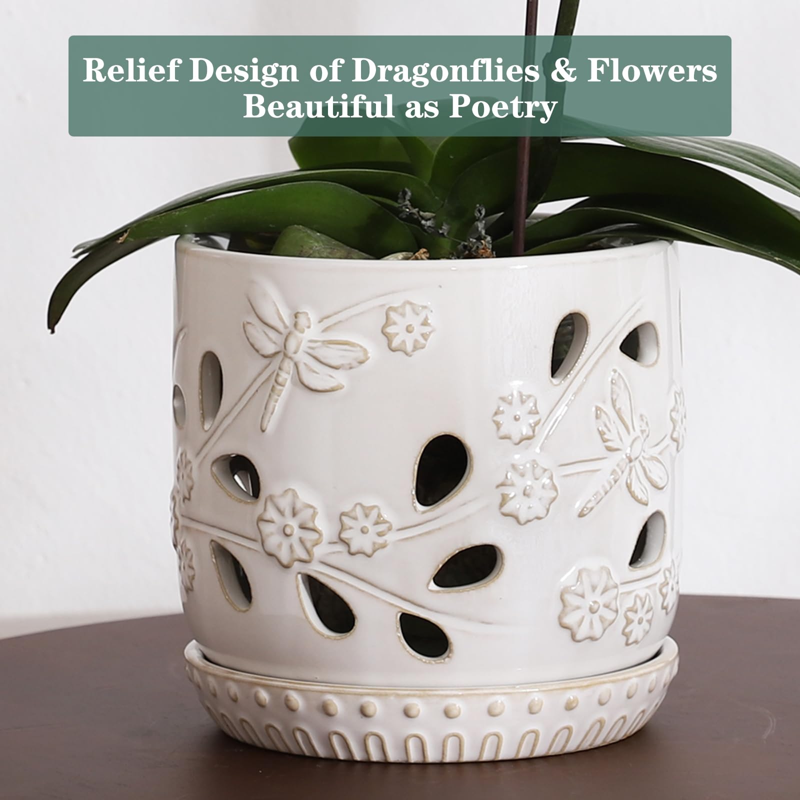 Premium 5 Inch Ceramic Orchid Pots with Saucer - Carved Hollow Design for Optimal Root Health & Ventilation - Indoor/Outdoor Flower Planters (Set of 2) - Perfect for Home Decor, Office Plants & Garden Arrangements