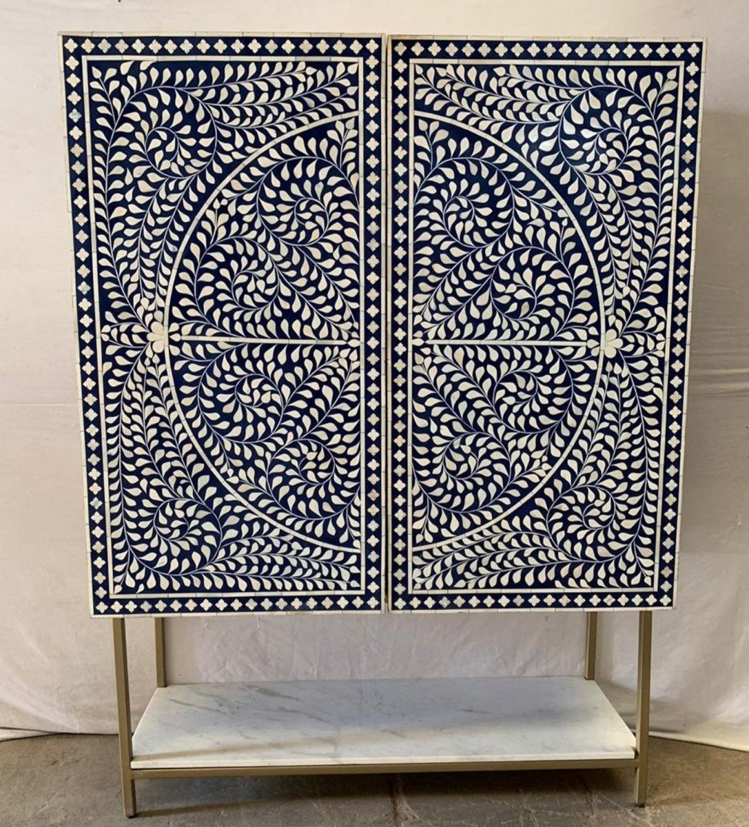Handmade Blue & White Bone Inlay Bar Cabinet - Luxury Home Bar Furniture for Living Room, Dining Room & Entertaining Spaces