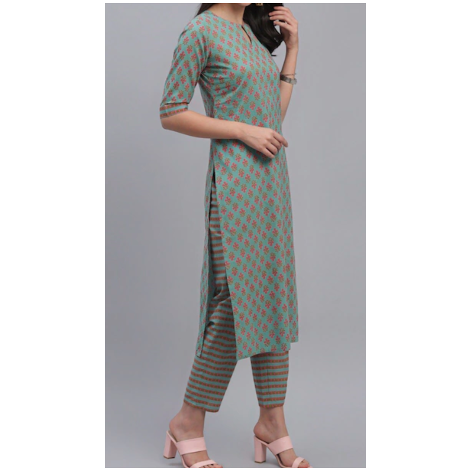 Bottle Green Cotton Kurta Set with Pink Floral Print & Matching Trousers | Traditional Indian Ethnic Wear for Women | Perfect for Festivals, Weddings & Casual Outings