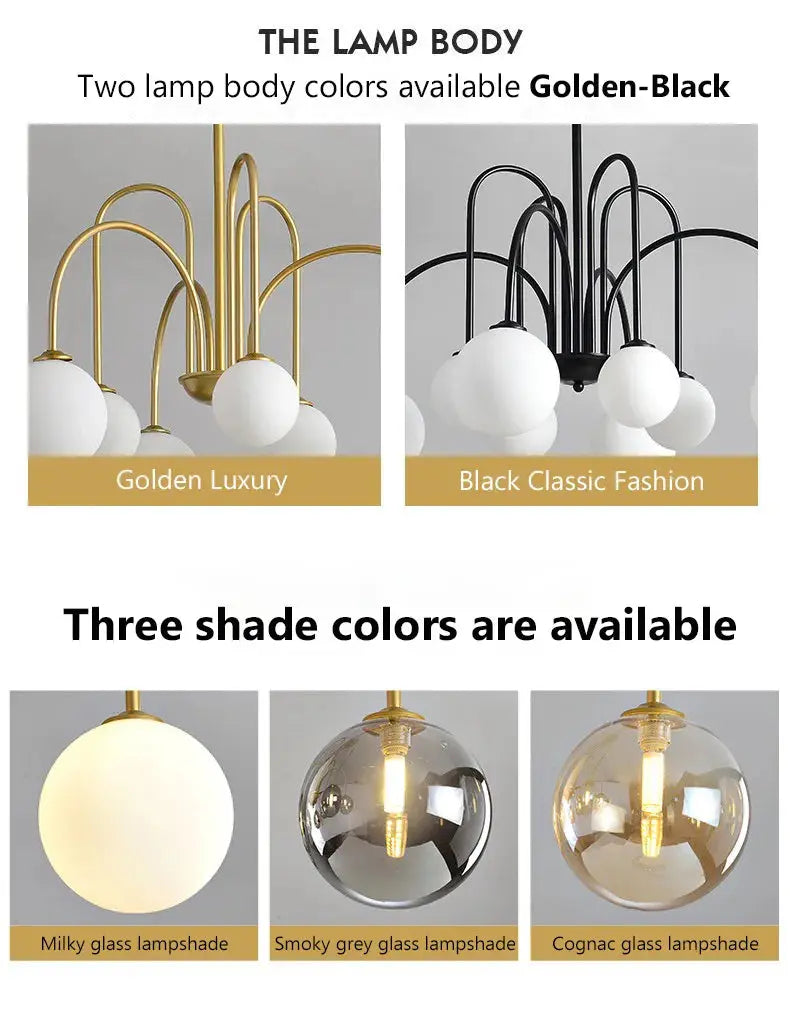8-Light LED Glass Ball Chandelier in Black/Gold - Modern Crystal Ceiling Light Fixture for Dining Room, Living Room & Bedroom