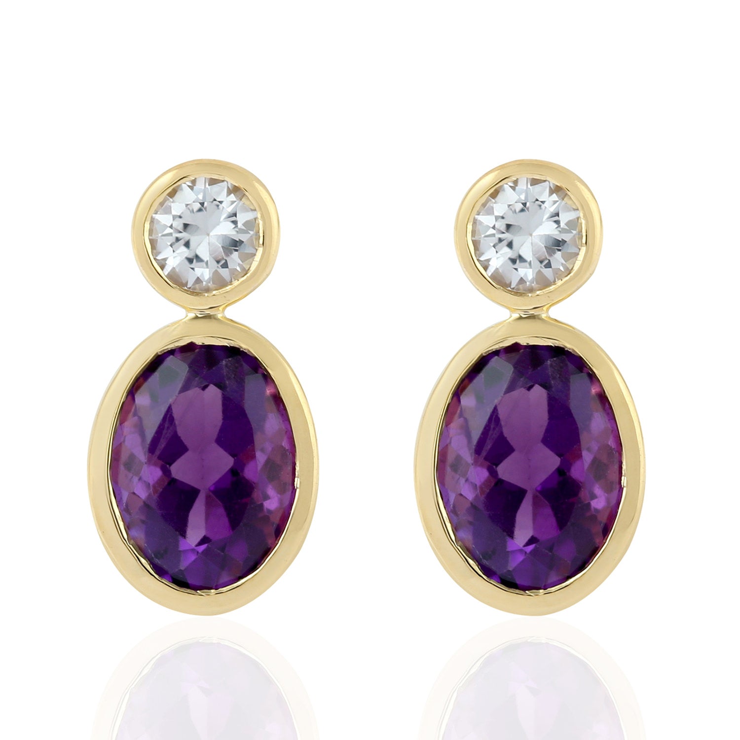 18K Yellow Gold Oval Cut Amethyst & White Sapphire Dangle Earrings for Women - Elegant Jewelry Gift for Birthday, Anniversary & Special Occasions