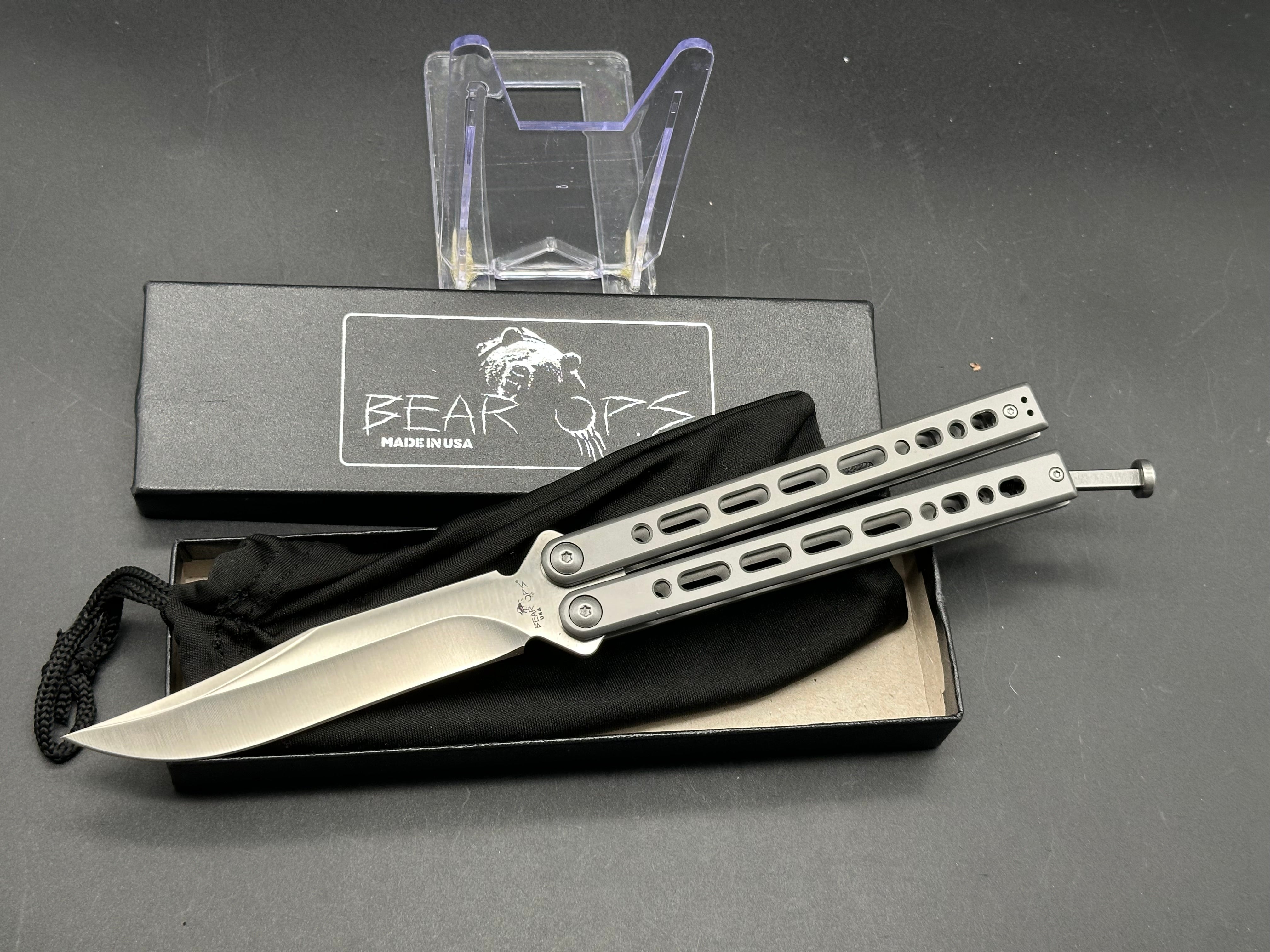 Bear OPS Bear Song VIII Silver Steel Frame Balisong Butterfly Knife - 154CM Satin Polished Bowie Blade for EDC, Outdoor Survival & Collection - Perfect for Flipping Tricks, Camping & Knife Enthusiasts