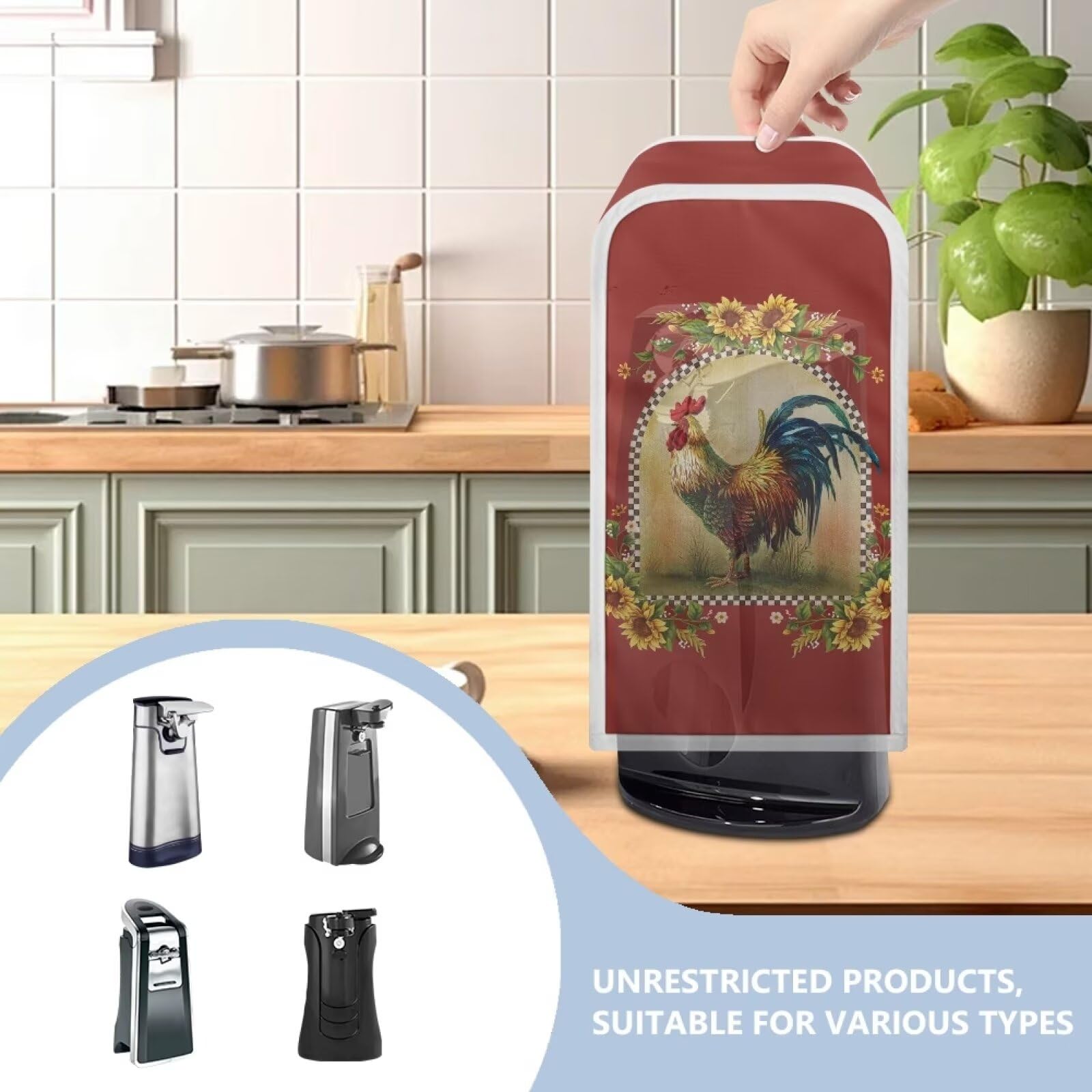 Electric Can Opener Cover - Stain Resistant & Machine Washable - Universal Fit for Most Automatic Can Openers - Rooster Sunflower Design - Perfect for Kitchen, Camping & Emergency Prep