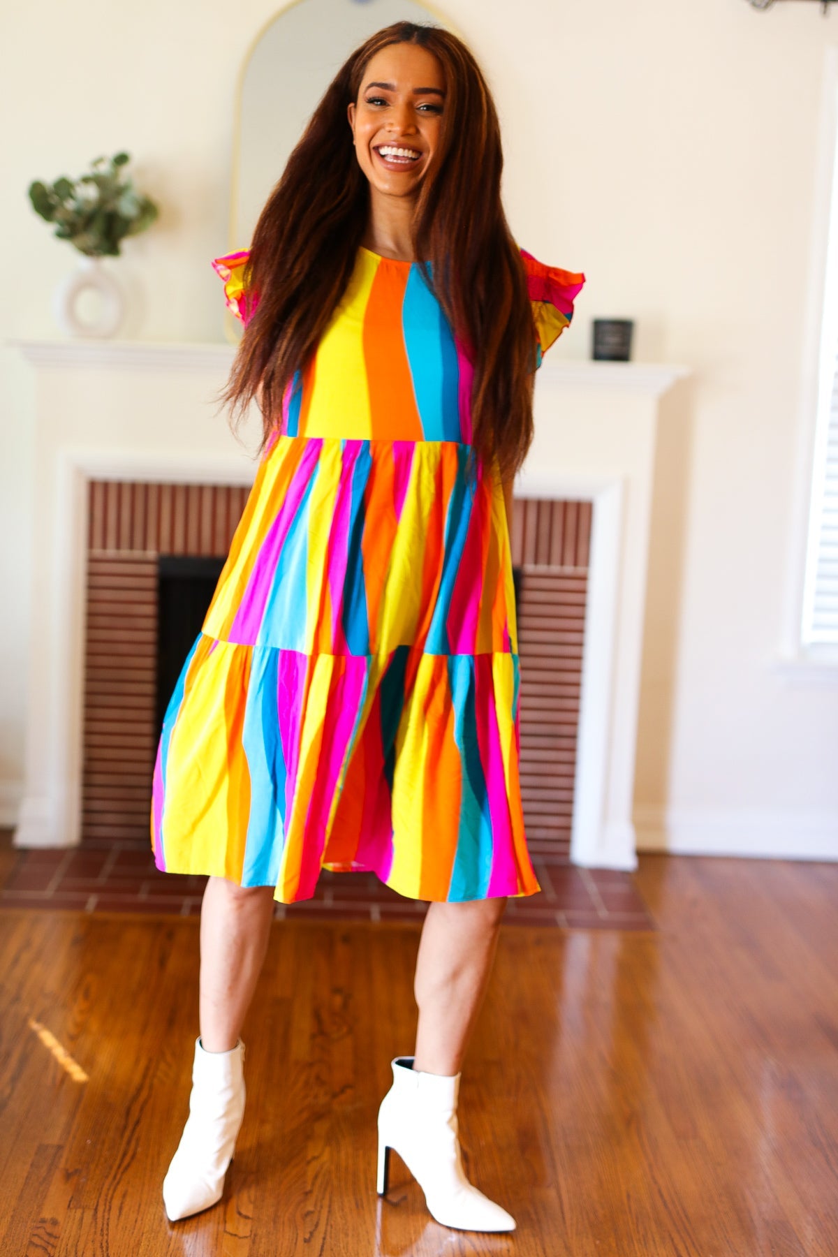 Eyes On You Multicolor Abstract Print Smocked Ruffle Sleeve Dress for Women | Flowy Summer Dress for Beach, Party & Date Night