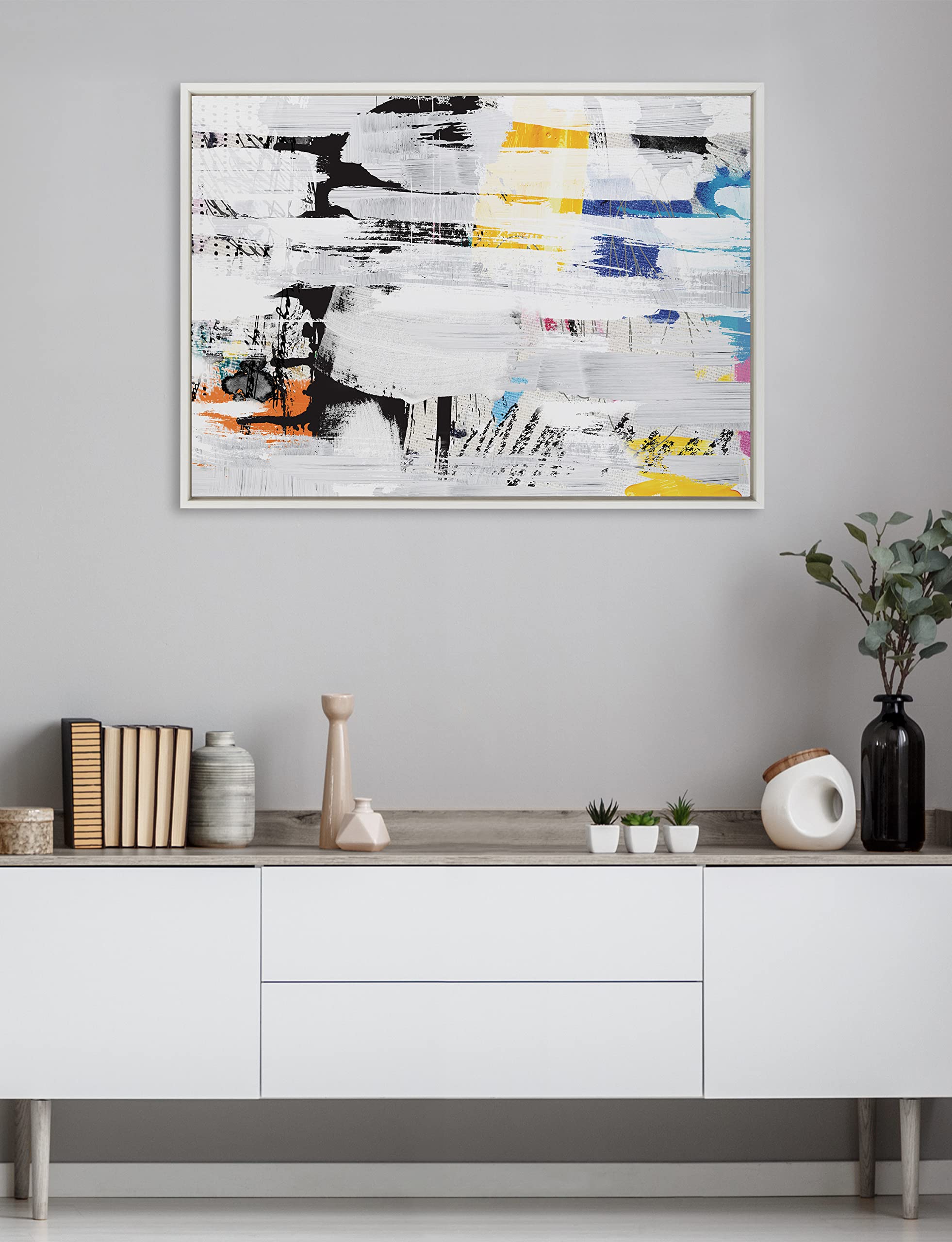 Kate & Laurel Sylvie Street Art 2 Framed Canvas Wall Art by Nikki Chu - 28x38 Inch White Oversized Modern Abstract Painting - Perfect for Living Room, Bedroom & Office Décor