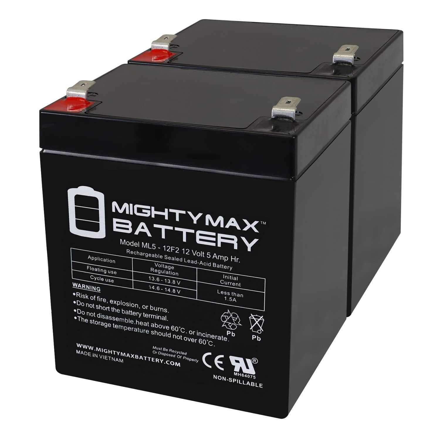 Mighty Max 12V 5Ah SLA Replacement Battery - 2 Pack for Power Rite PRB124-F2 - Backup Power for Security Systems, Emergency Lights & UPS Devices