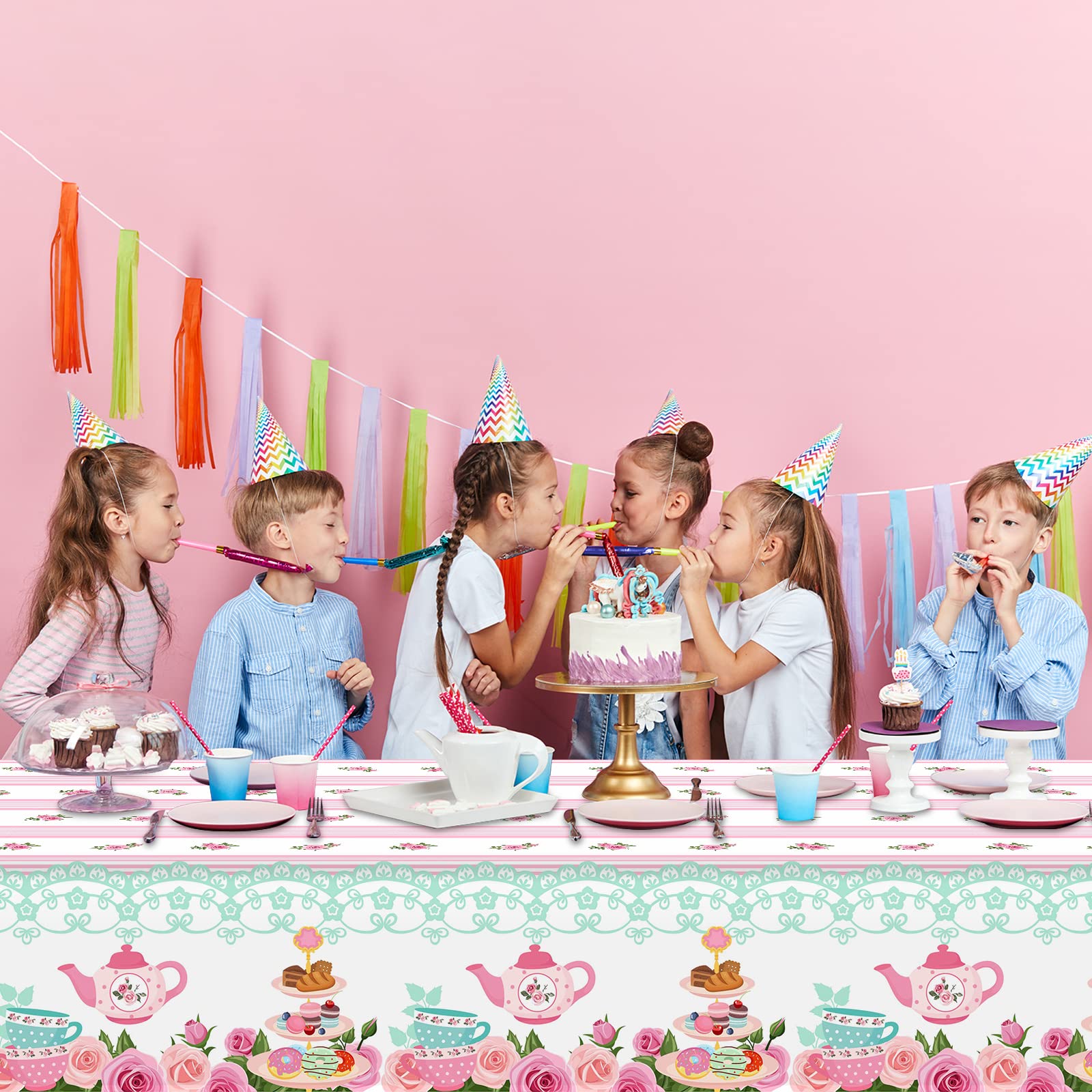 3-Piece Pink Floral Plastic Tablecloth Set with Lace Trim - 54x108 Inch - Perfect for Baby Showers, Birthday Parties, Weddings & Tea Party Decorations - Waterproof & Easy to Clean Party Supplies for Indoor/Outdoor Events