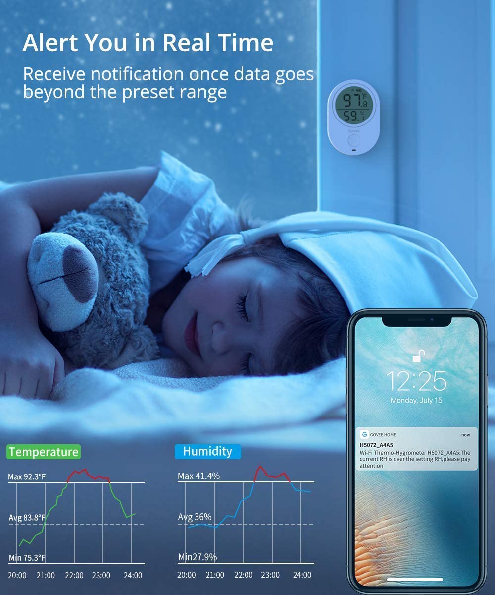 Govee Bluetooth Thermometer Hygrometer - Digital Indoor Temperature Humidity Monitor with APP Alerts, 2-Year Data Storage & Export | Perfect for Home, Greenhouse, Humidor, Nursery, Baby Room & Pet Habitat Monitoring