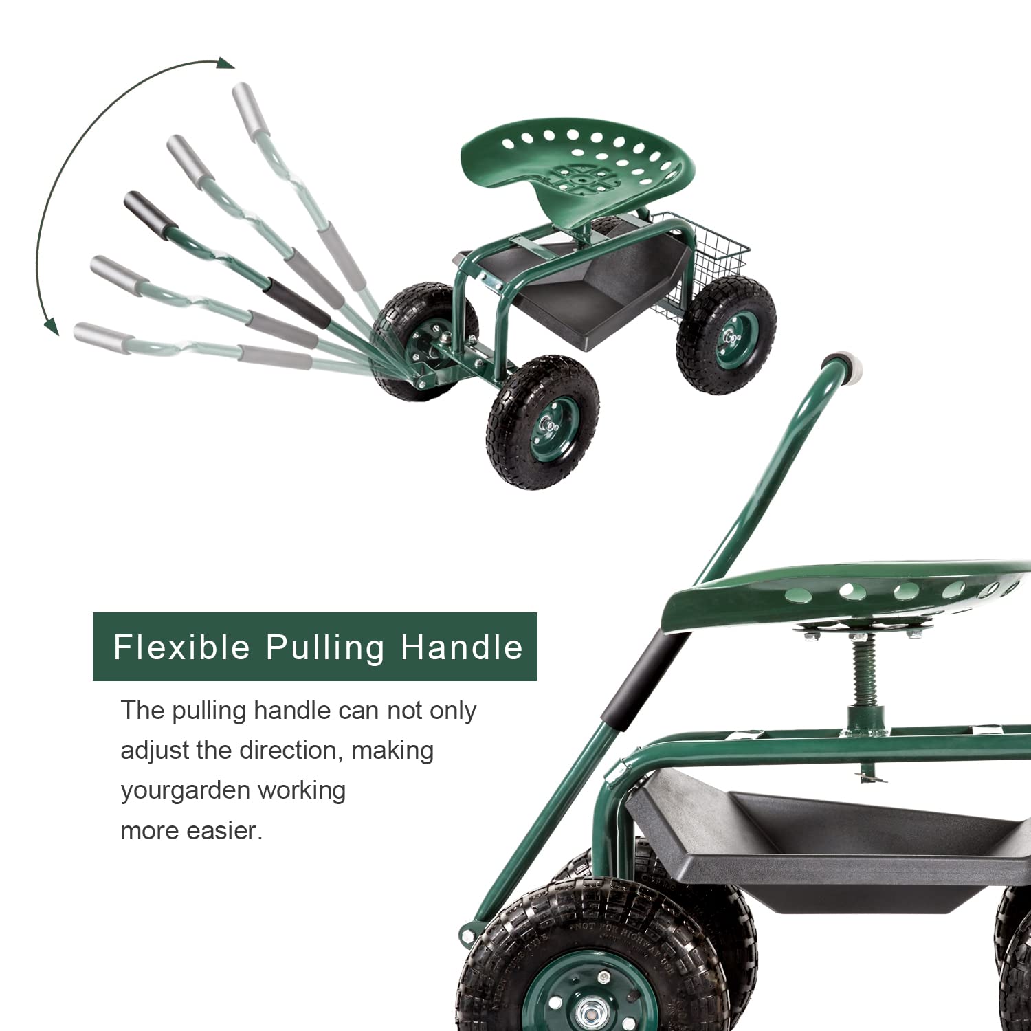 Heavy-Duty Garden Cart with Swivel Seat & Wheels - Foldable Gardening Wagon with Extendable Handle & Tool Tray for Planting, Yard Work & Outdoor Use - Perfect for Patio Maintenance, Landscaping & Backyard Projects (Green)