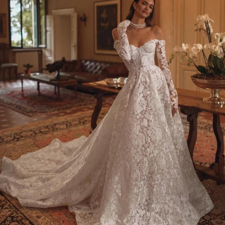 Luxury Vintage A-Line Lace Wedding Dress - Off-the-Shoulder Long Sleeve Customizable Bridal Gown for Elegant Church Ceremony & Romantic Beach Wedding