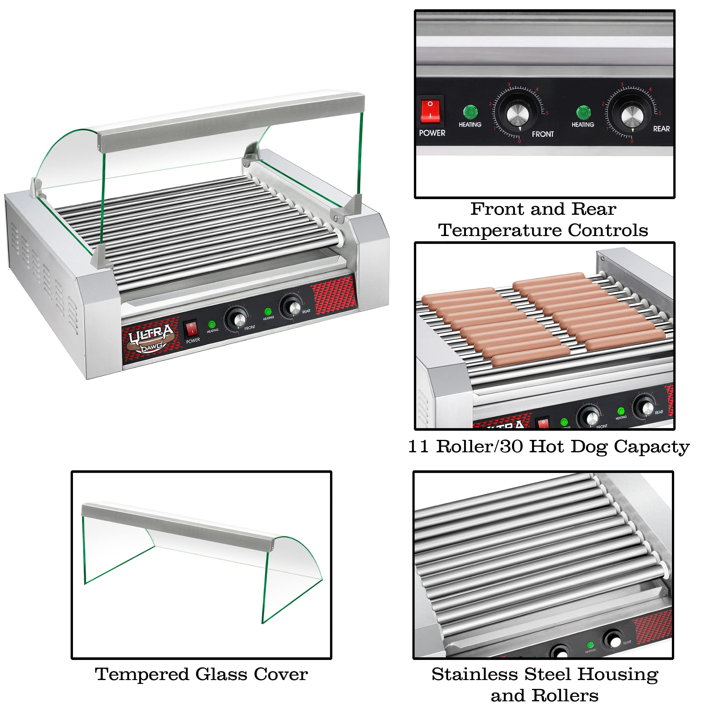 11-Roll Commercial Hot Dog Roller Machine with Tempered Glass Cover - Countertop Hot Dog Warmer Cooks 30 Hot Dogs, Brats & Sausages | Perfect for Restaurants, Carnivals & Food Trucks by Great Northern Popcorn