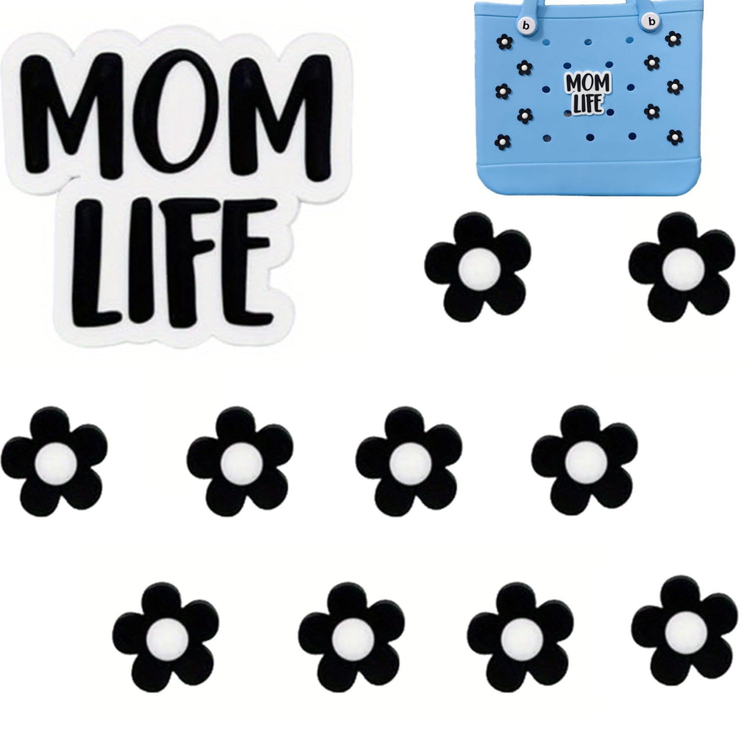Mom Life & Flower Charms for Bogg Bags - Decorative Inserts for All Bogg Bag Models & Simply Southern Totes - Perfect for Beach Totes, Pool Bags & Summer Accessories