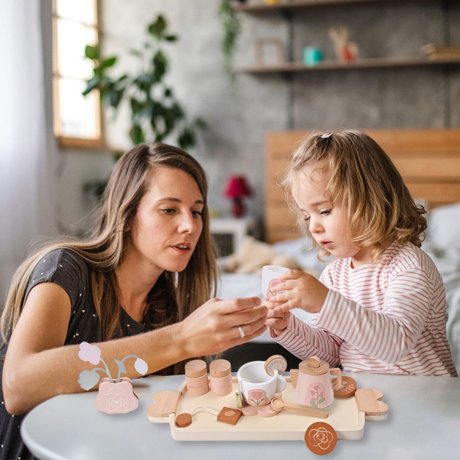 Wooden Tea Set for Toddlers & Little Girls - Montessori Pretend Play Toy with Play Food, Kids Kitchen Accessories for Tea Party & Role Play - Perfect for Pretend Play, Montessori Learning & Toddler Tea Parties