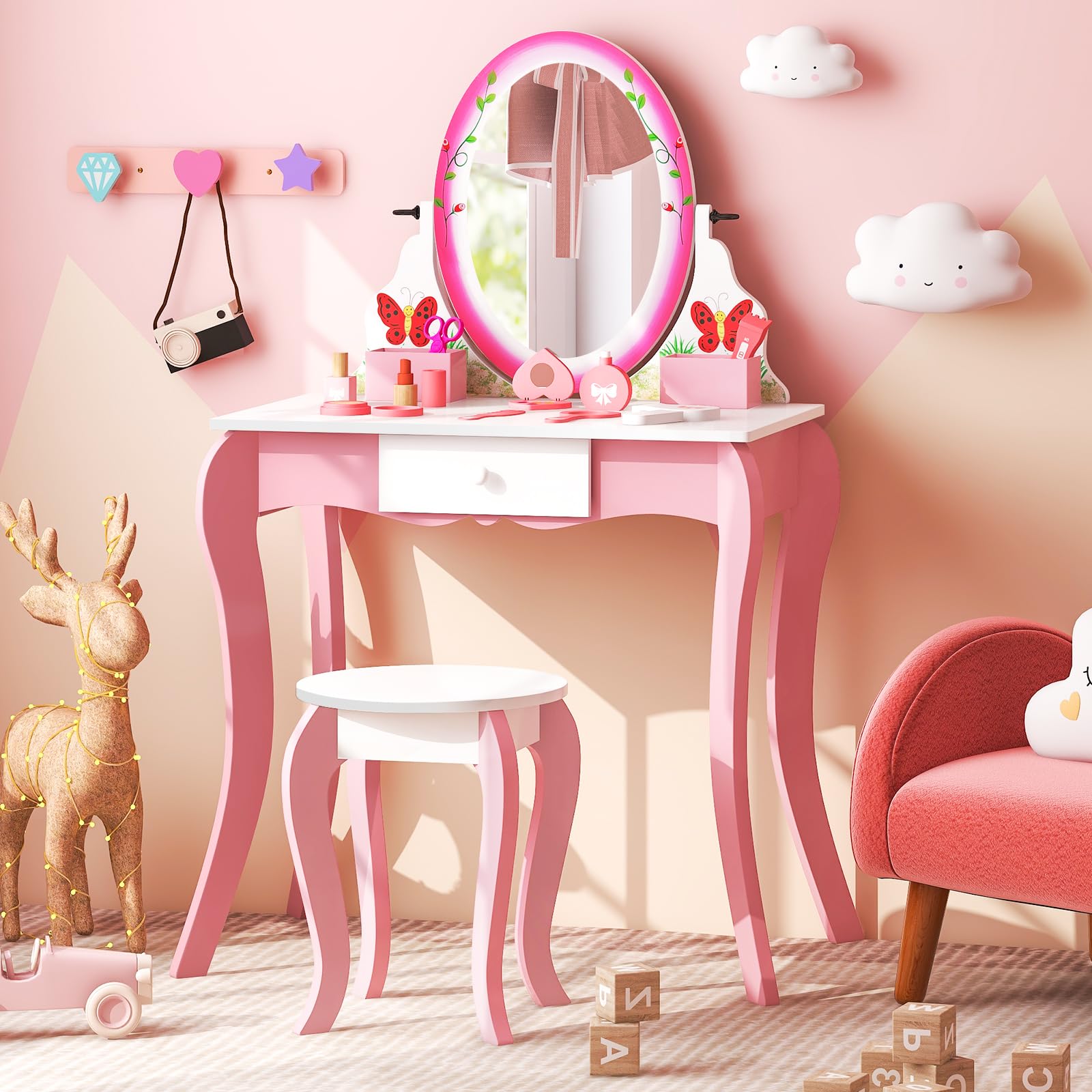 Costzon Kids Vanity Set with Mirror & Stool - 2-in-1 Toddler Makeup Dressing Table with Storage Drawers & Grids - Pretend Play Vanity Desk & Chair for Little Girls - Perfect for Bedroom Playroom & Birthday Gifts
