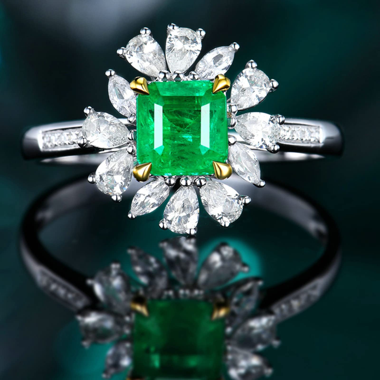 18K White Gold & 925 Sterling Silver Women's Rings - Emerald Moissanite/Zirconia Wedding & Engagement Rings for Women - Perfect for Proposals, Anniversaries, and Special Occasions