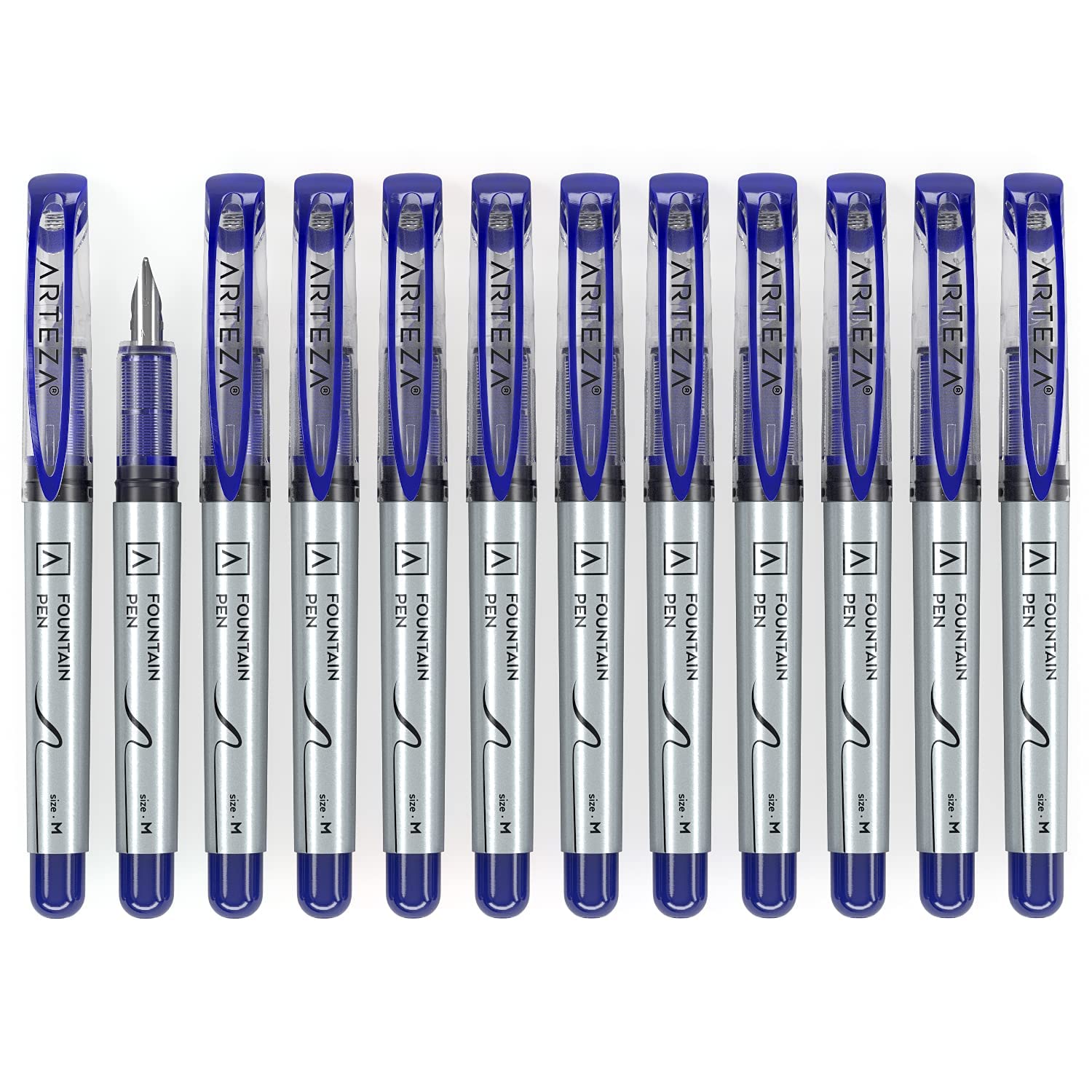 ARTEZA Disposable Fountain Pens - 12 Pack with Medium 0.9mm Nib, Smooth Writing Quick-Drying Blue Ink - Premium Art Supplies for Professionals, Students & Artists - Perfect for Calligraphy, Sketching & Journaling