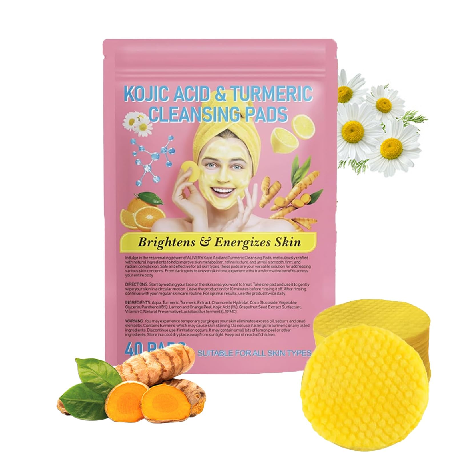 Absorbeauty™ Turmeric Kojic Acid Exfoliating Pads - Brightening Face & Body Cleansing Pads with Kojic Acid & Turmeric Extract (40 Count) for Glowing Skin, Oil Control & Even Tone - Perfect for Daily Skincare Routine & Travel