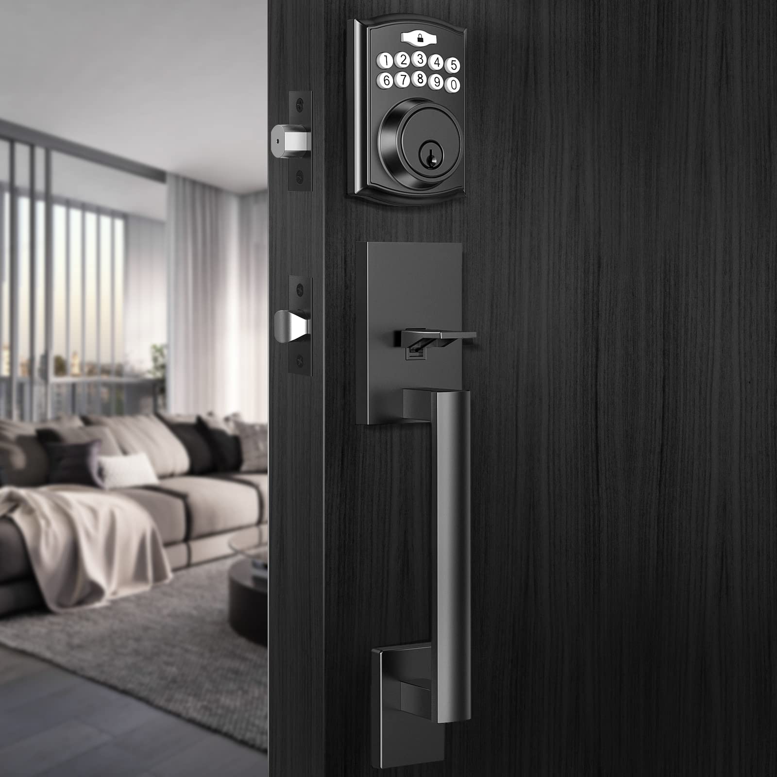 Brightify Electronic Keypad Deadbolt - Keyless Entry Door Lock with Auto Lock & Keyed Entry, Matte Black Front Door Handle Set - Secure & Convenient for Homes, Apartments & Offices