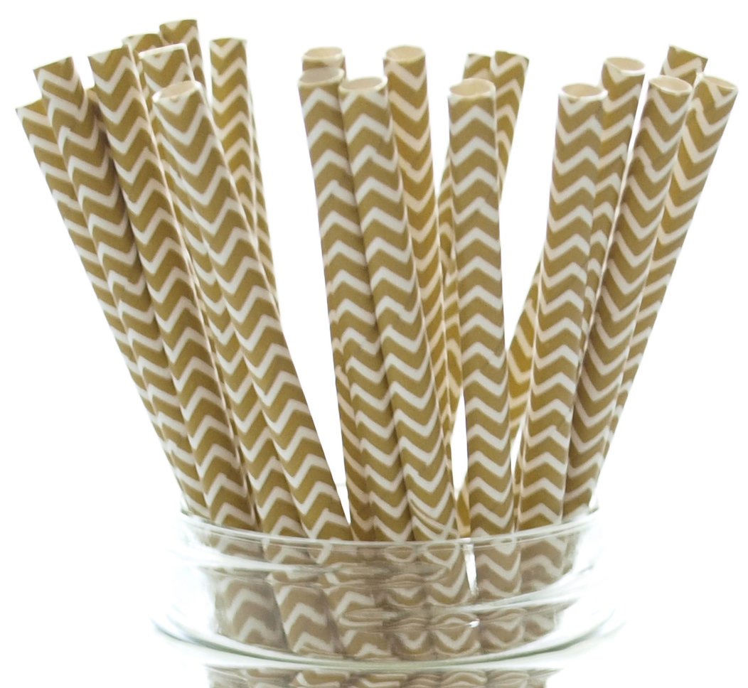 Elegant Gold Wedding Straws - Pack of 50 Brown Striped & Chevron Paper Drinking Straws for Anniversary Parties, Bridal Showers & Luxury Events - Eco-Friendly Disposable Party Supplies