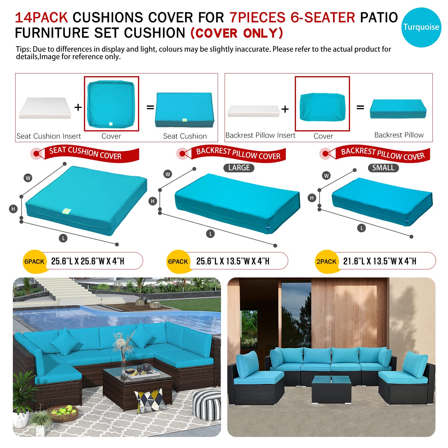 **14-Pack Outdoor Patio Seat & Back Cushion Replacement Covers – Fits 7-Piece 6-Seater Wicker Rattan Sectional Sofa Set (Turquoise, Covers Only, Large) – Perfect for Garden, Poolside & Patio Furniture Protection**