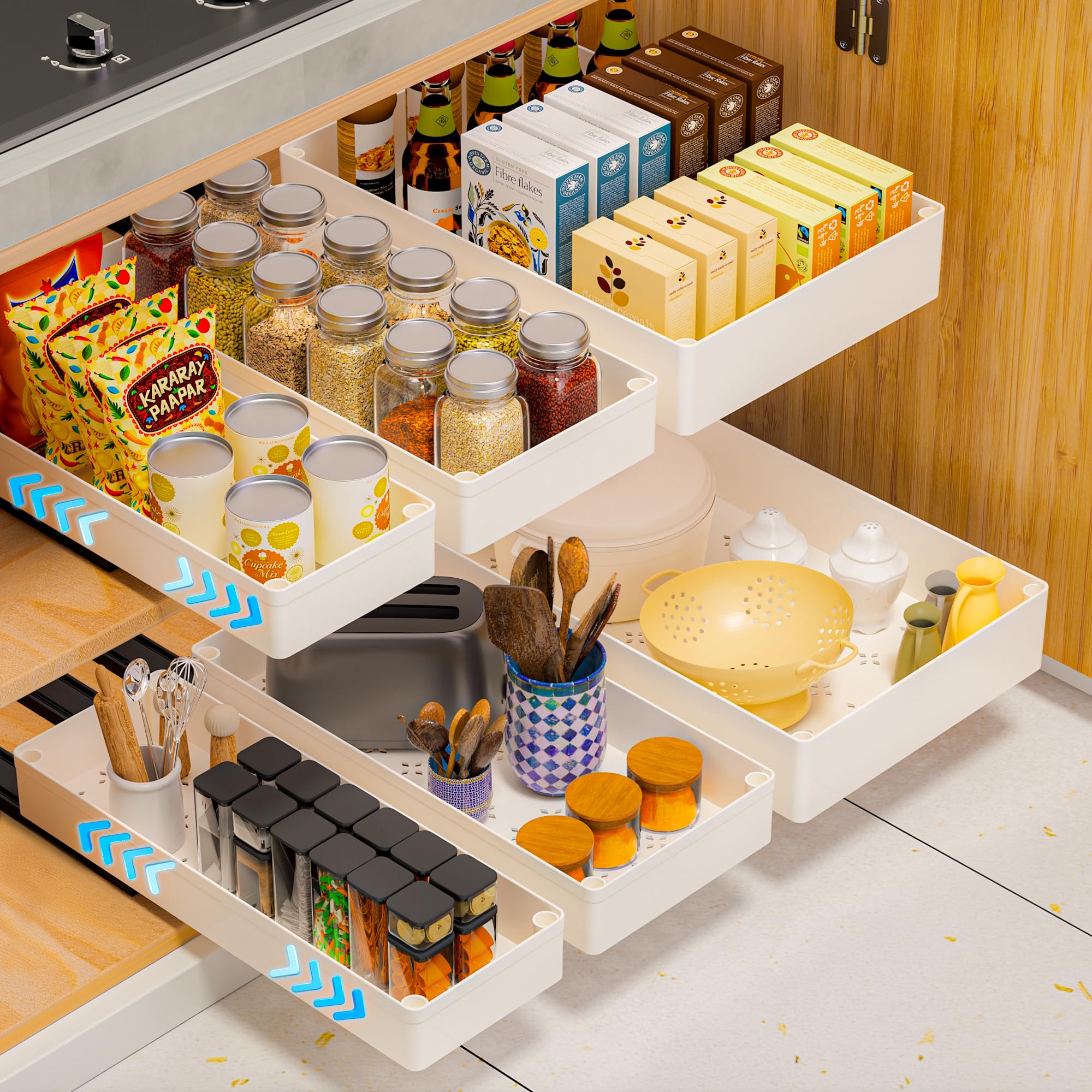 3 Pack Pull Out Drawer Organizer Kit - 3 Sizes Adhesive Cabinet Drawers with Nano Film - Expandable Kitchen Pantry & Bathroom Storage Solution for Spices, Utensils & Toiletries