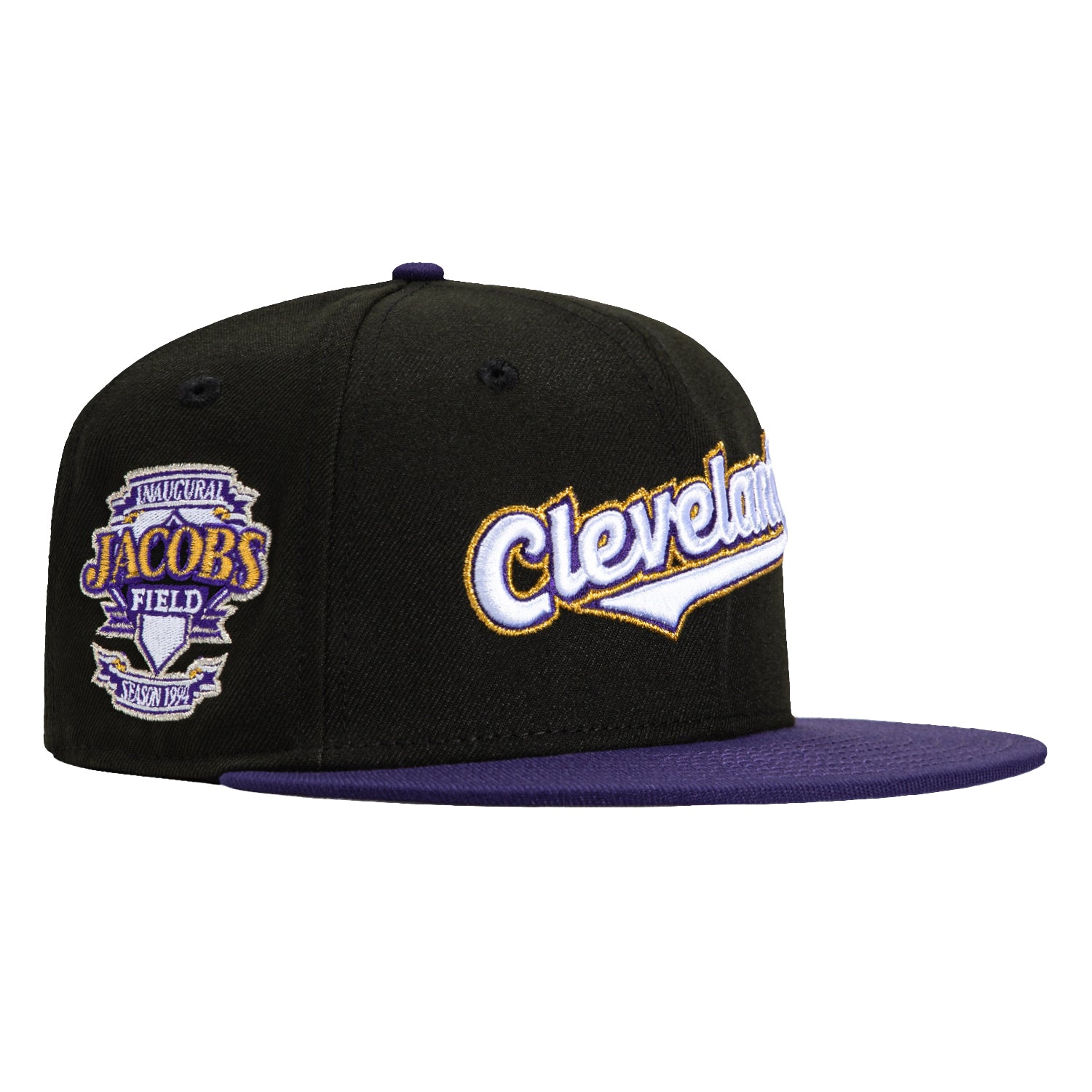 New Era 59Fifty Cleveland Guardians Inaugural Patch Script Hat - Black & Purple Baseball Cap for Men & Women | Game Day, Fan Gear, Streetwear Fashion