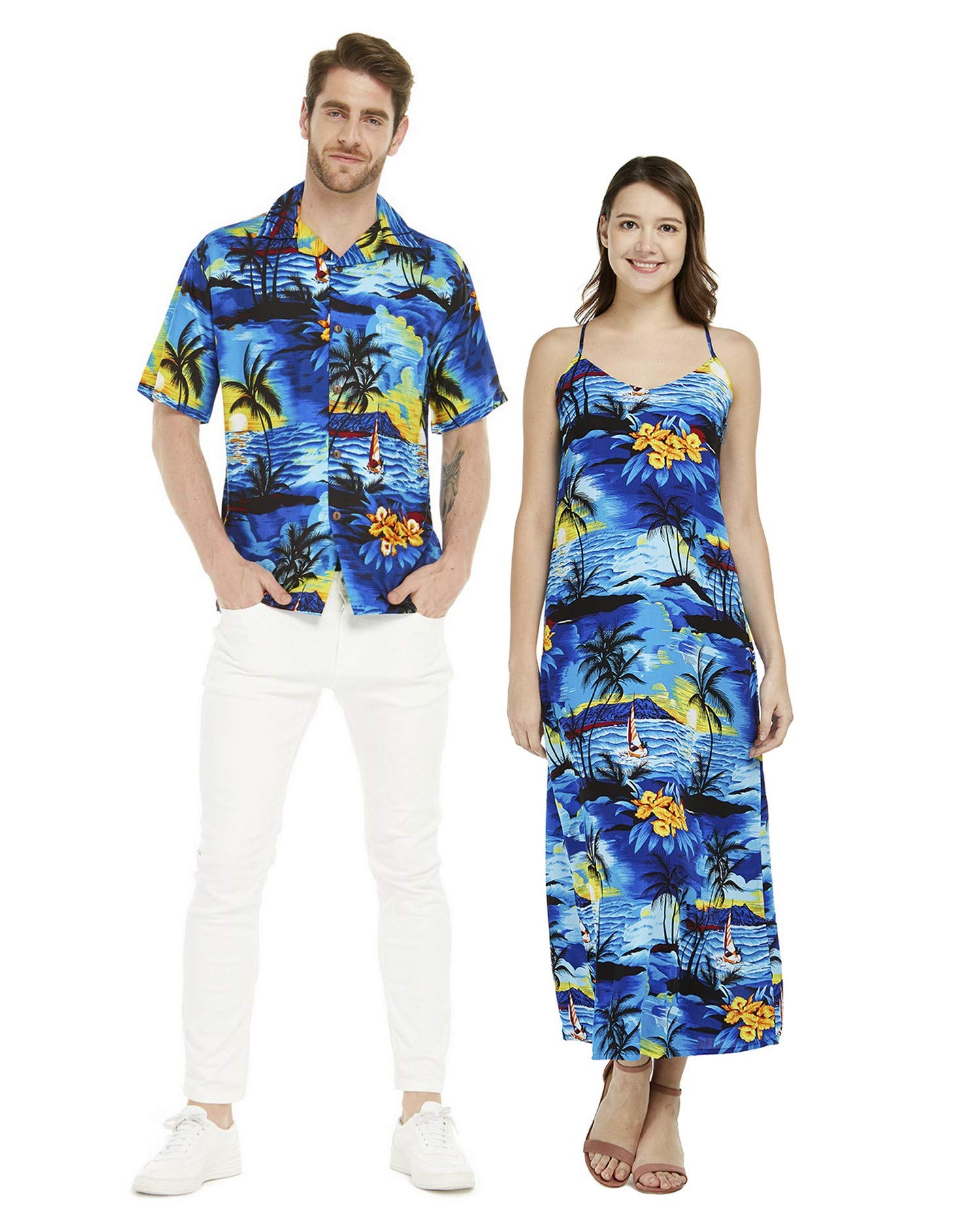 **Matching Couple Hawaiian Luau Shirts & Pink Hibiscus Maxi Dress – Tropical Vacation Outfits for Beach Parties, Luau Theme Nights, and Summer Getaways**